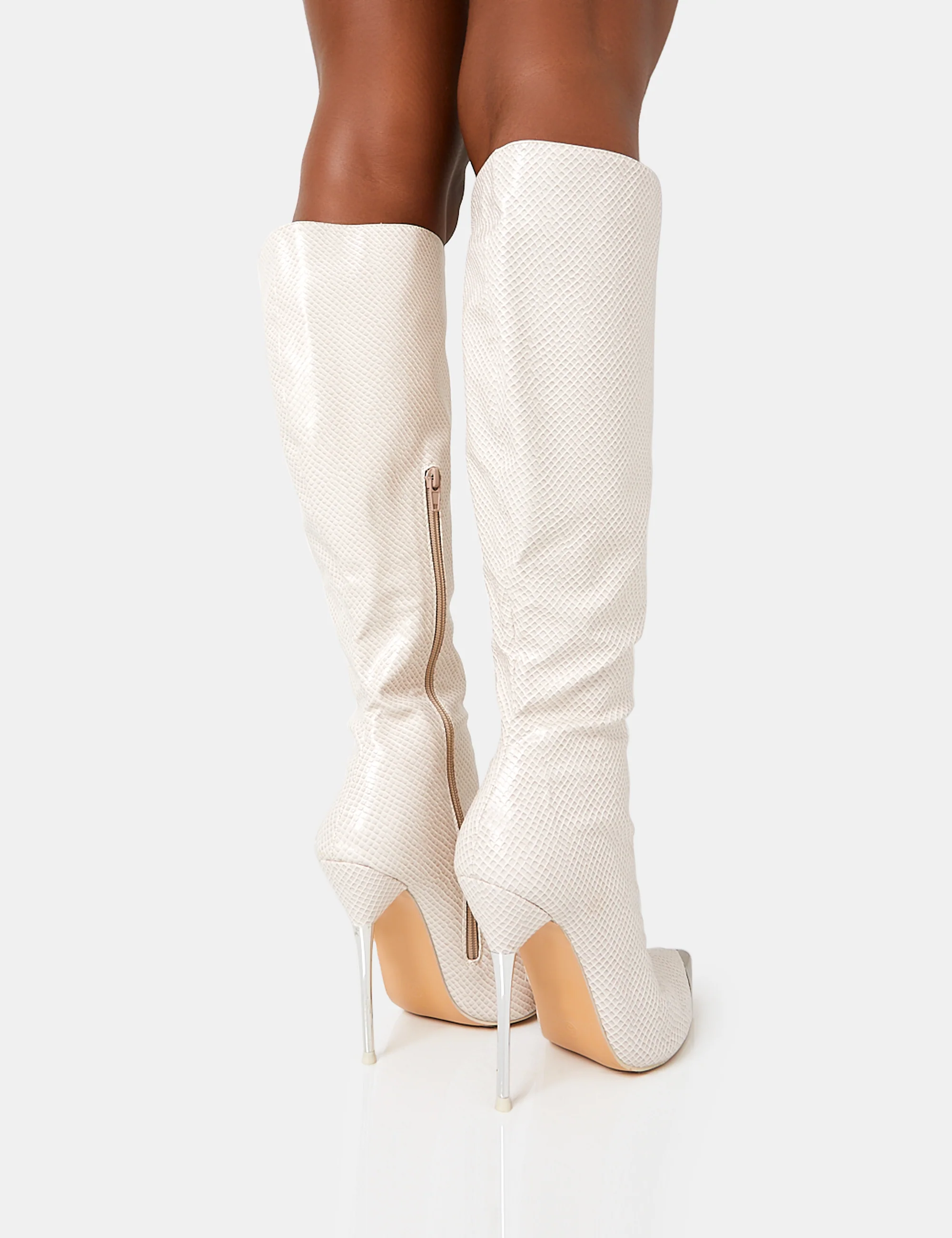 Finery Ecru Croc Metal Toe Capped Zip Up Knee High Stiletto Boots - Image 4