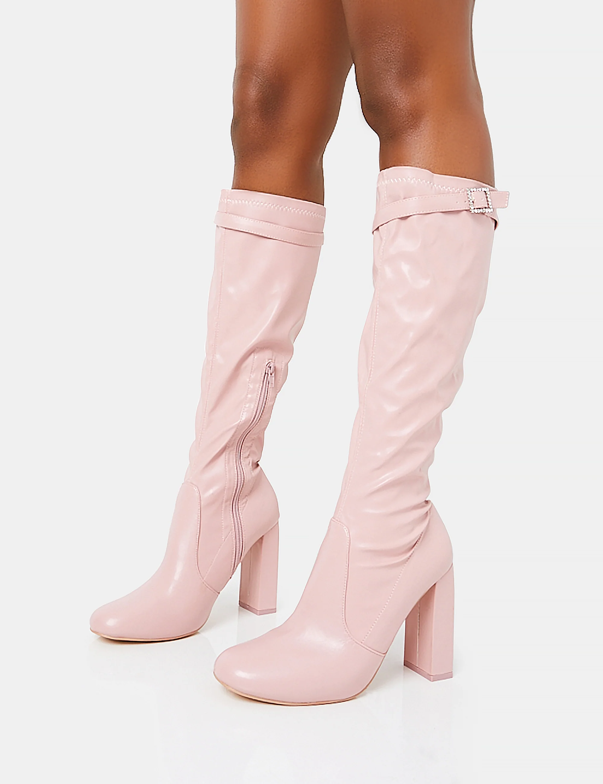 First Class Dusty Pink Buckle Strap Knee High Block Heeled Boots - Image 3