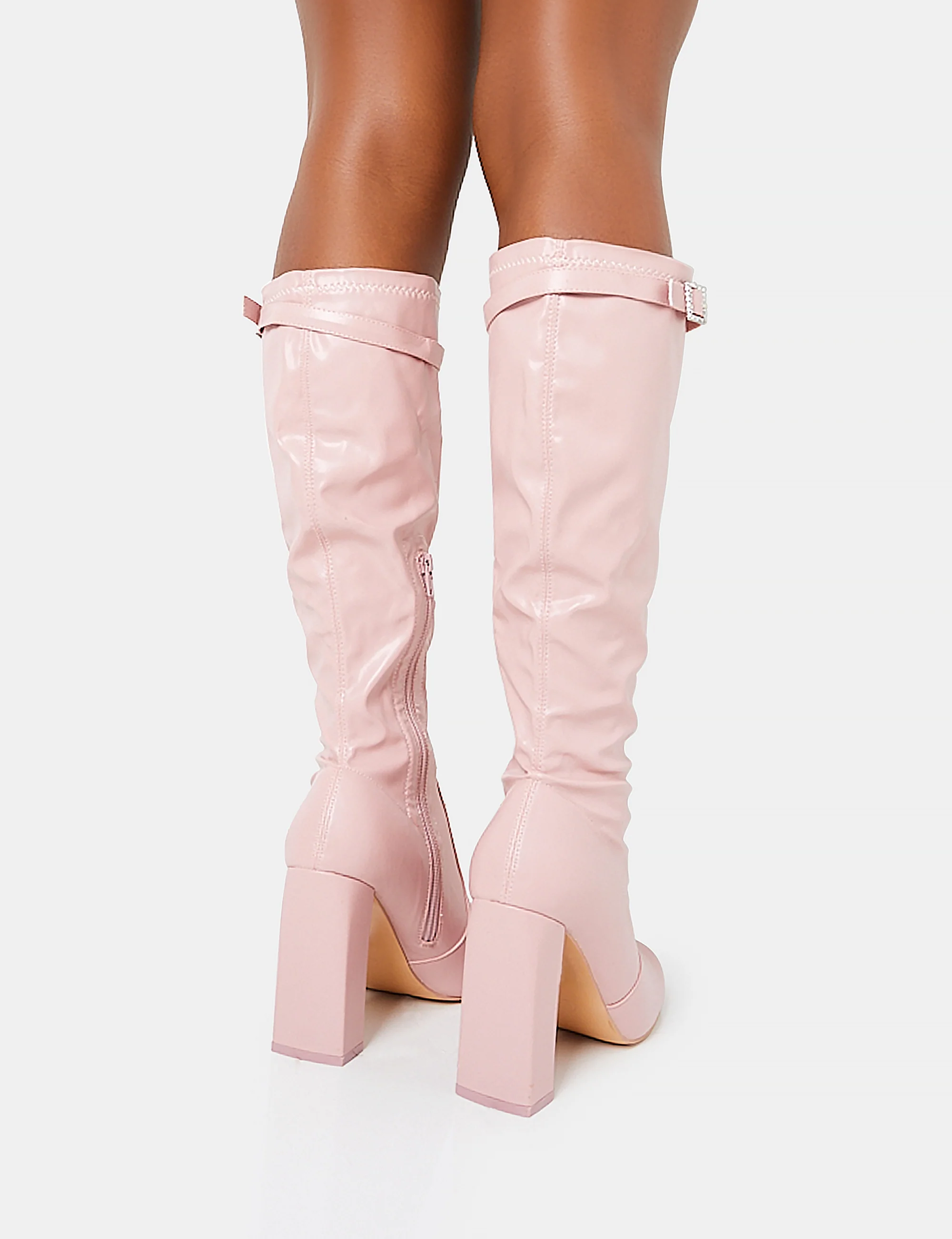 First Class Dusty Pink Buckle Strap Knee High Block Heeled Boots - Image 4