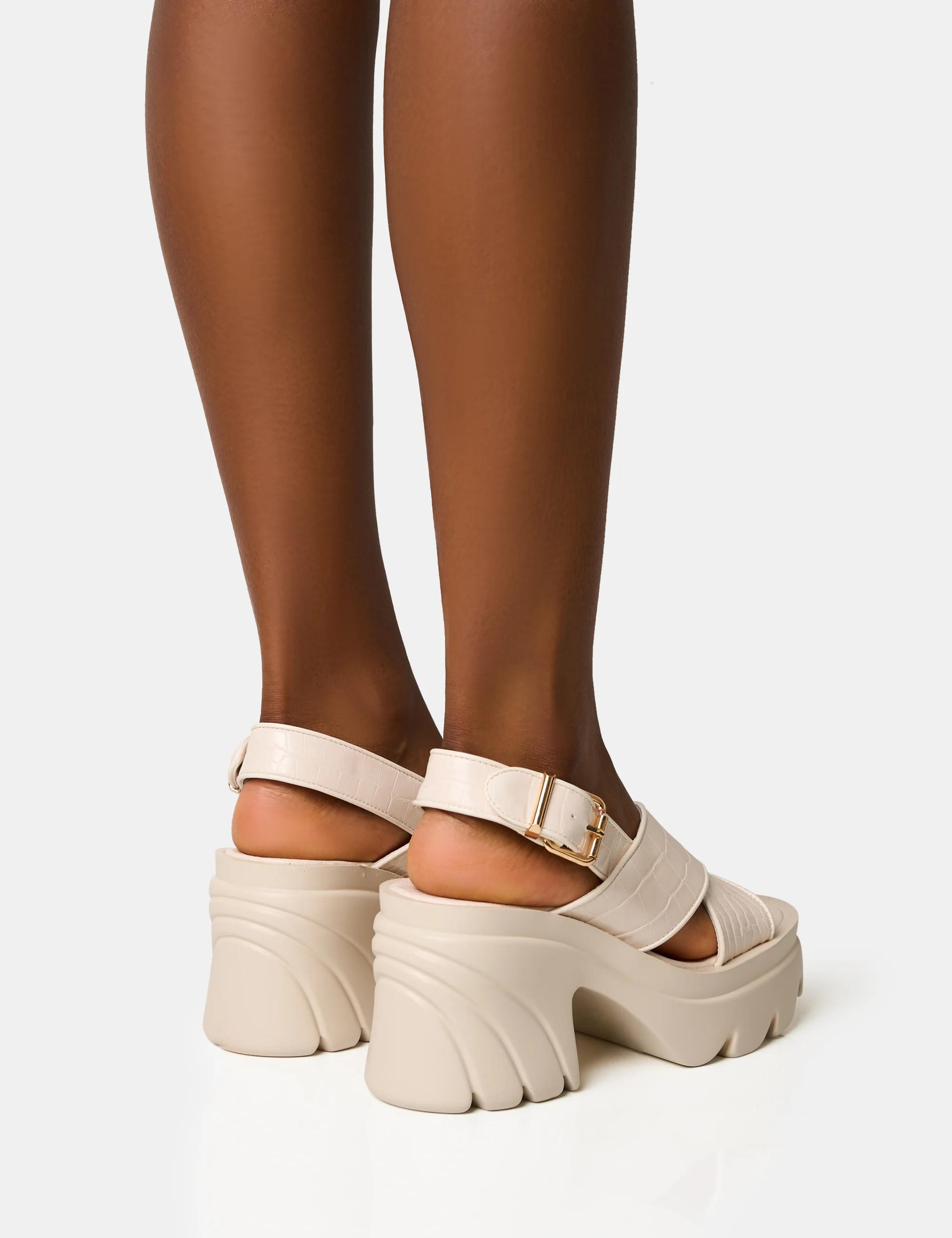 Flare White Cross Strap Chunky Mid Heel Sandals - Image 4