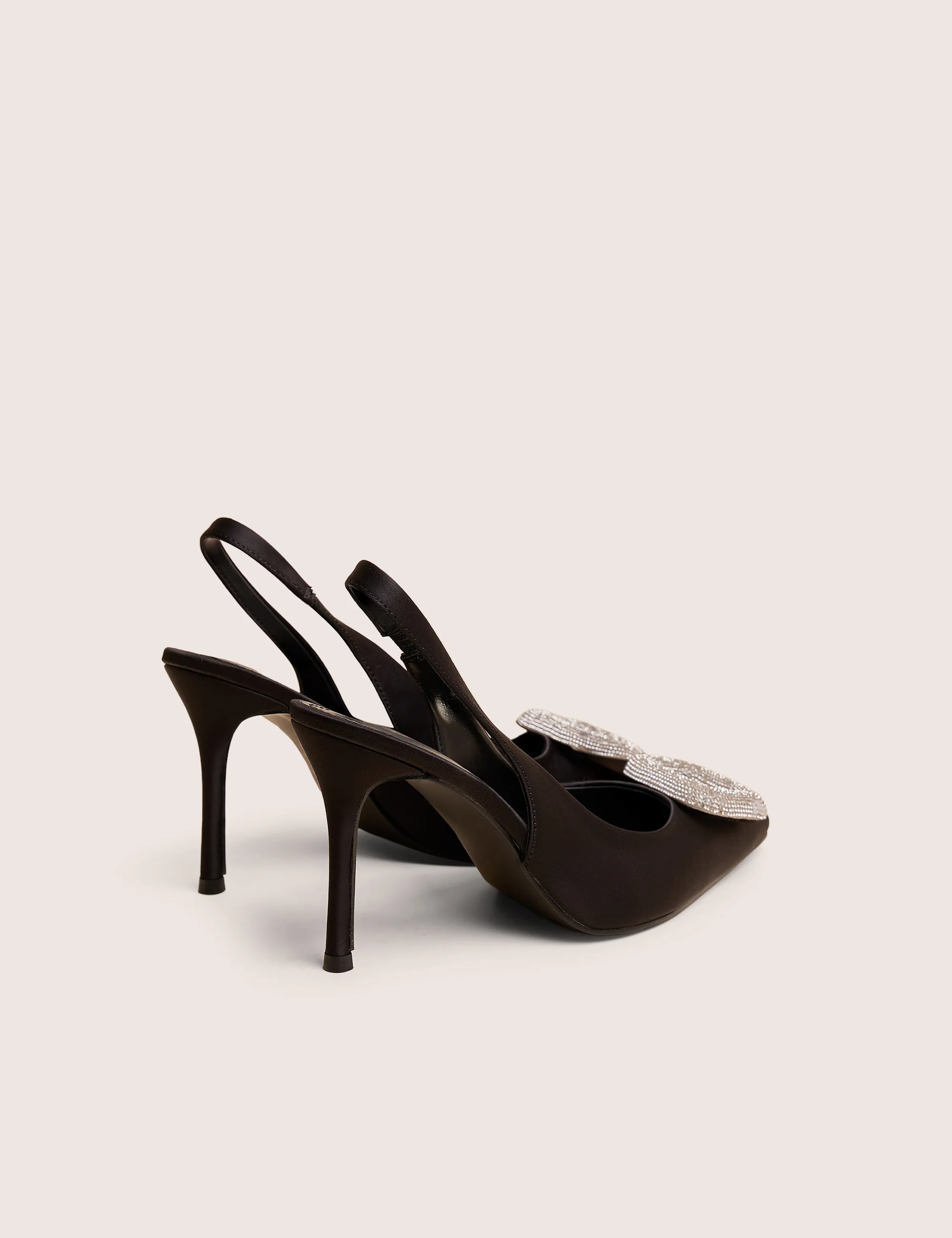 Floss Black Satin Diamante Embellished Sling Back Court Heels - Image 3