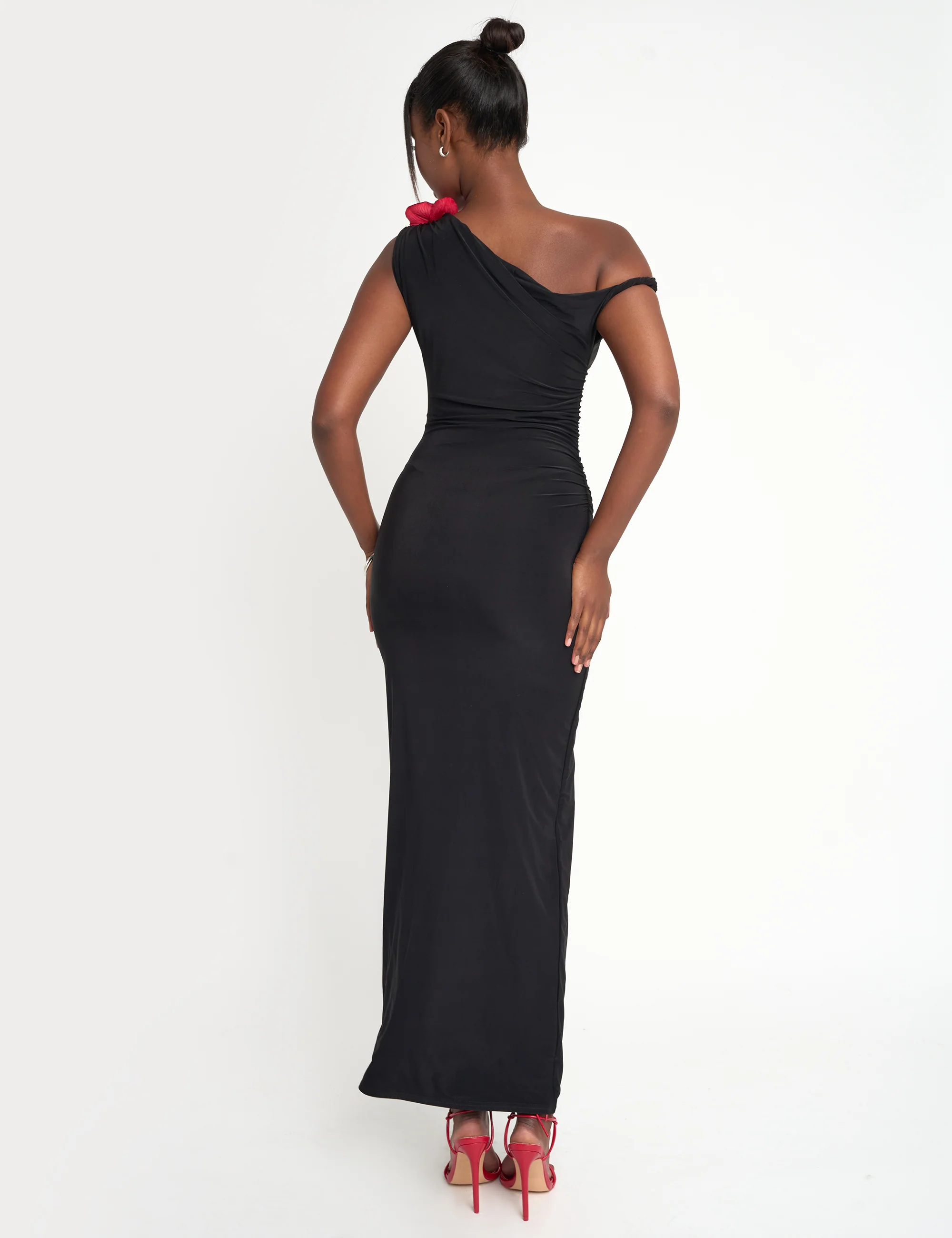 Flower Trim Dropped Shoulder Luxe Slinky Maxi Dress Black - Image 3