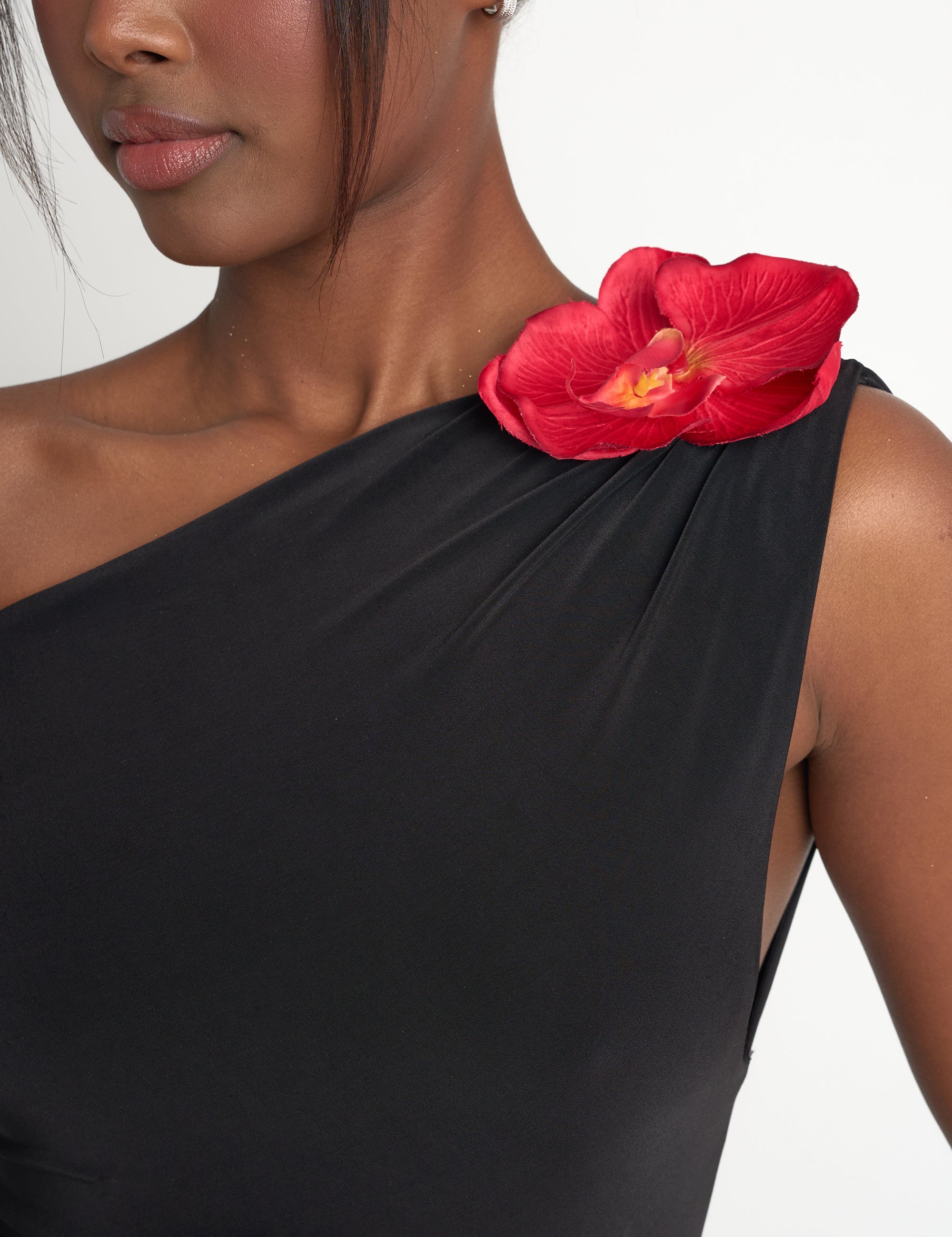 Flower Trim Dropped Shoulder Luxe Slinky Maxi Dress Black - Image 4