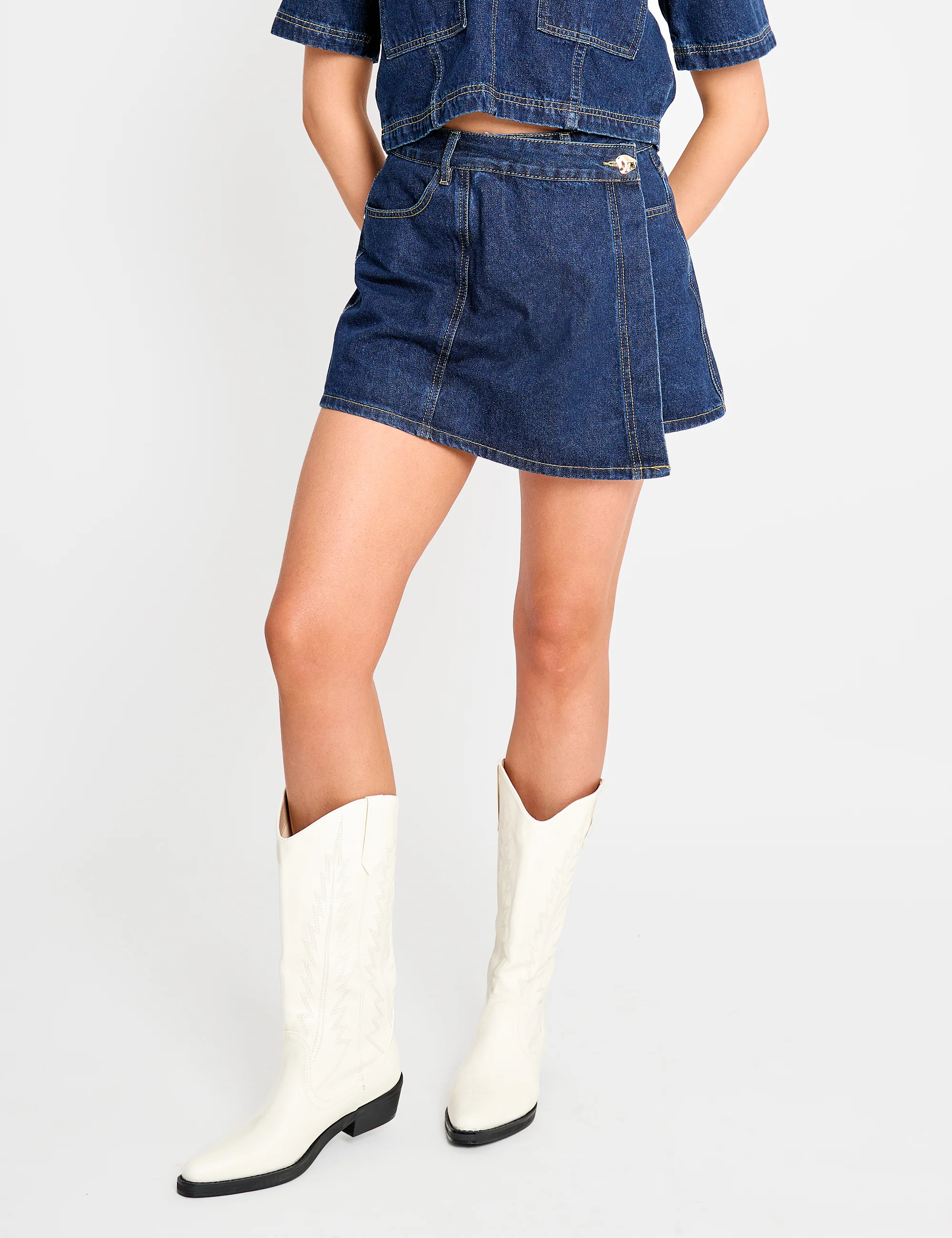 Front Wrap Denim Skort Dark Blue - Image 3