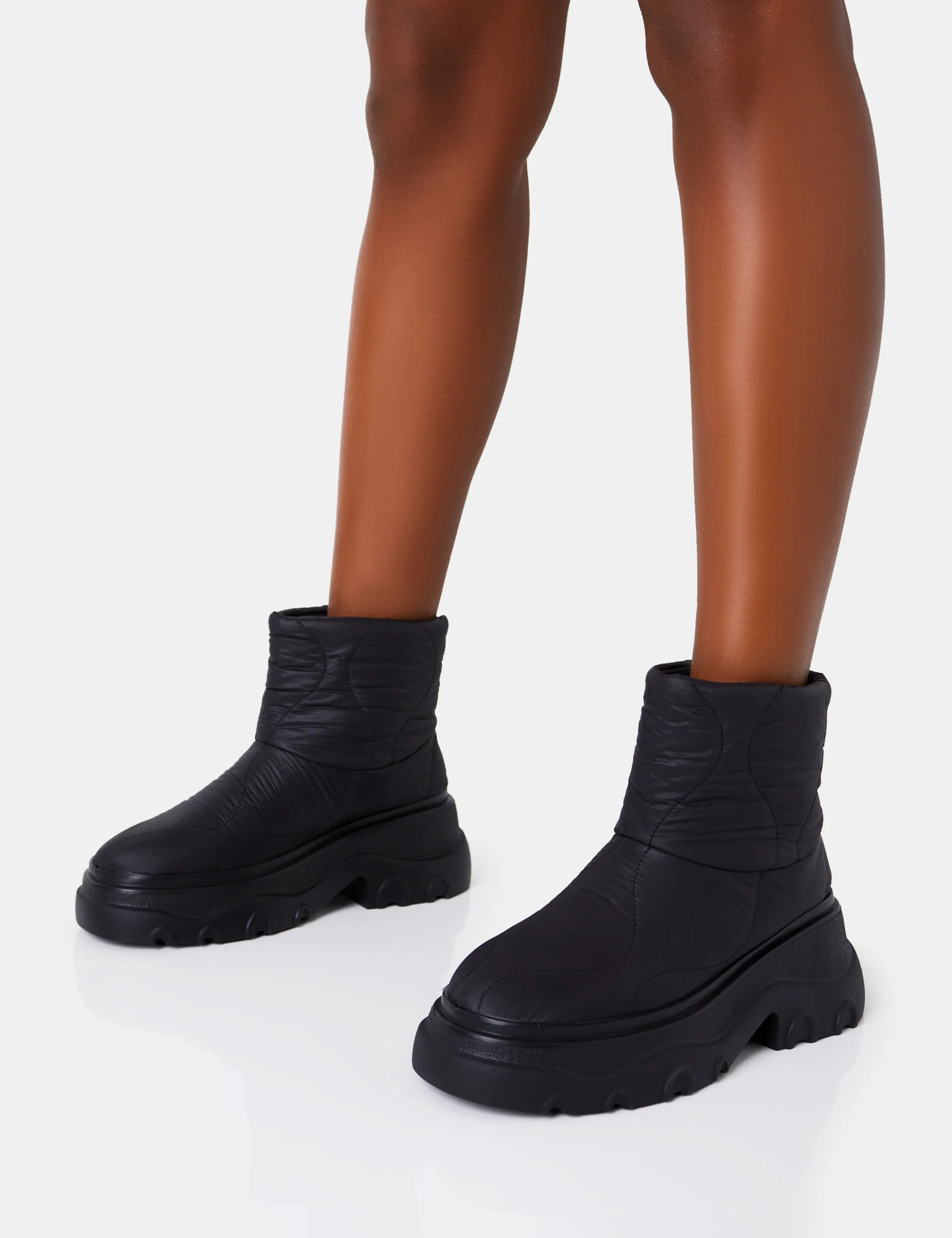 Frostbite Black Nylon Quilted Chunky Sole Ankle Boots - Image 3