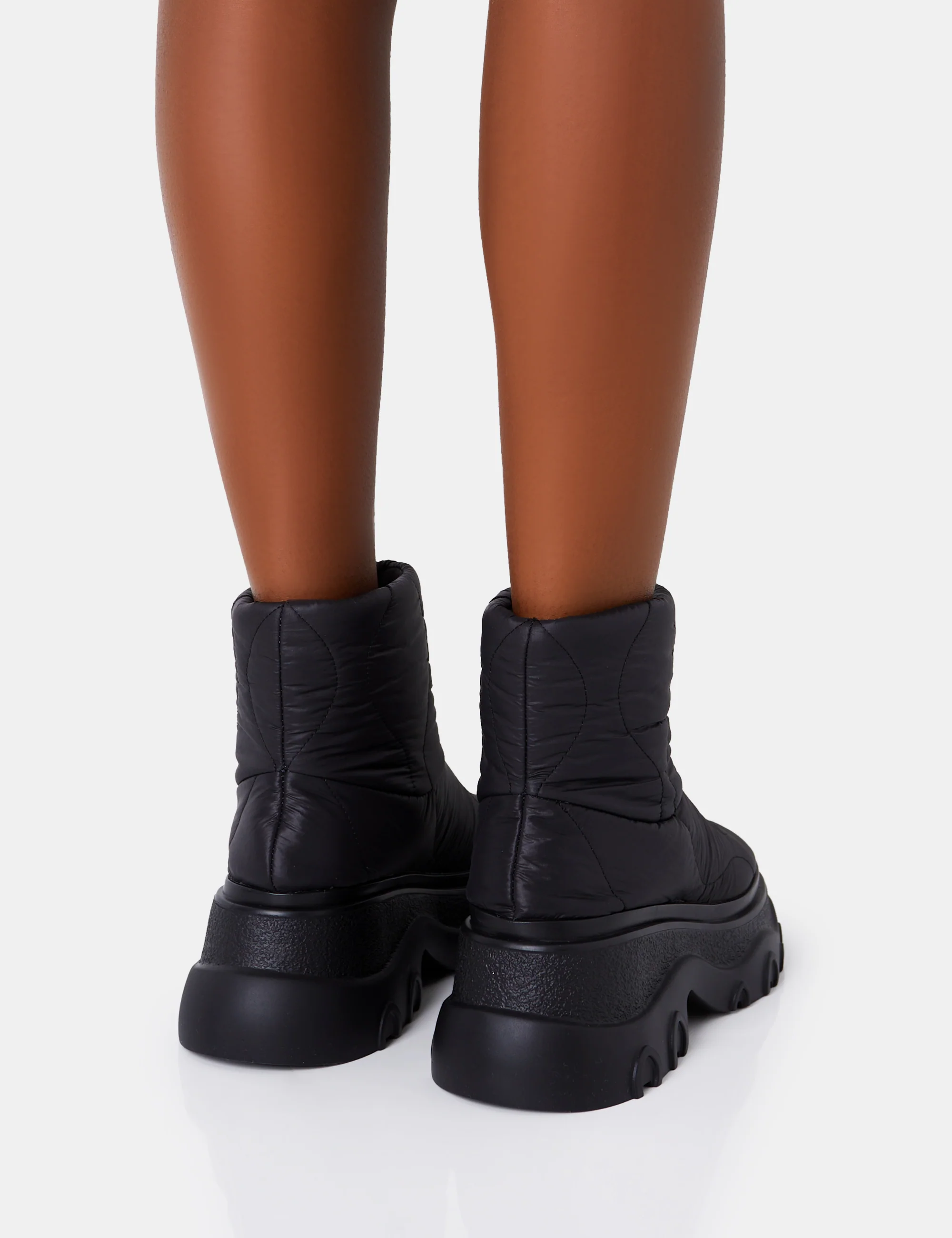 Frostbite Black Nylon Quilted Chunky Sole Ankle Boots - Image 4