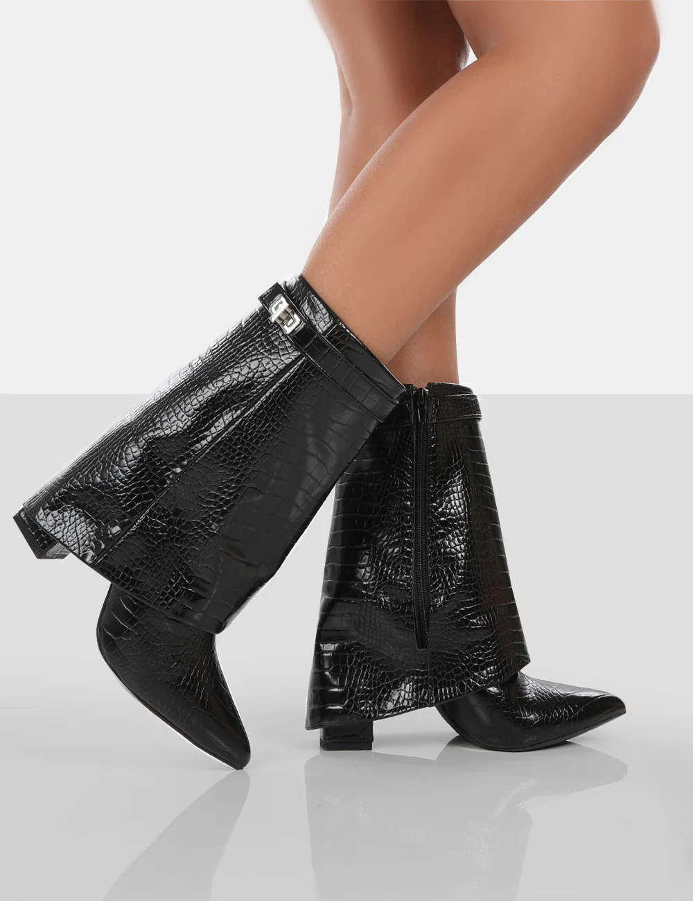 Fyre Black Croc Pointed Toe Block Heeled Ankle Boots - Image 3