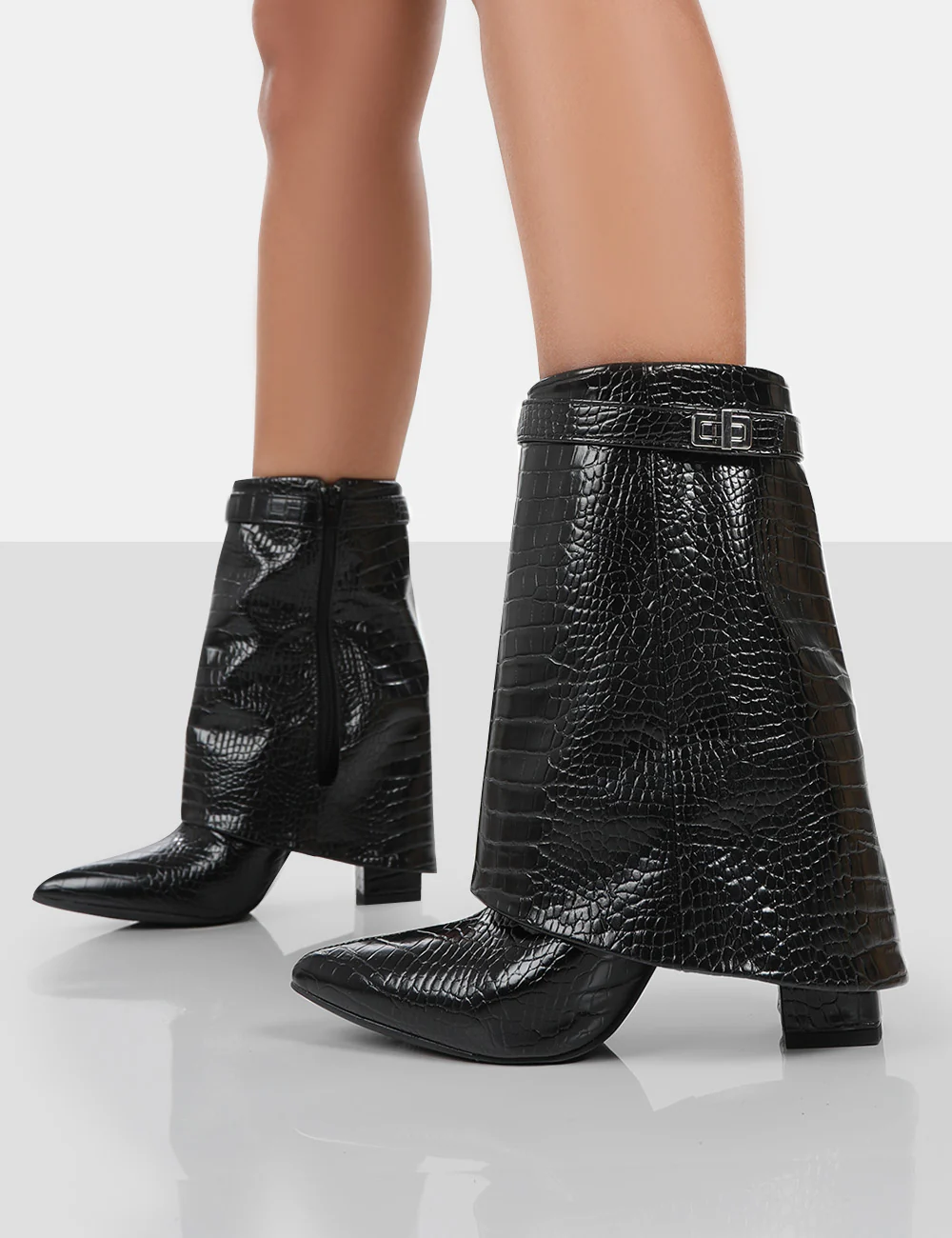 Fyre Black Croc Pointed Toe Block Heeled Ankle Boots - Image 4