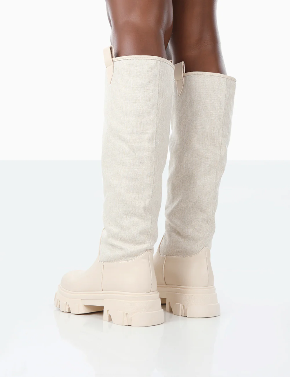 Genius Ecru PU Knee High Linen Platform Chunky Sole Boots - Image 3