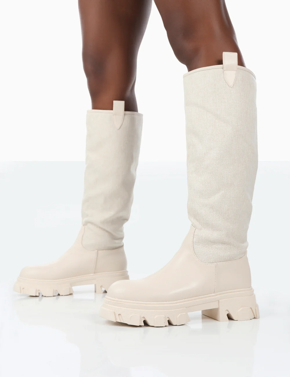 Genius Ecru PU Knee High Linen Platform Chunky Sole Boots - Image 4