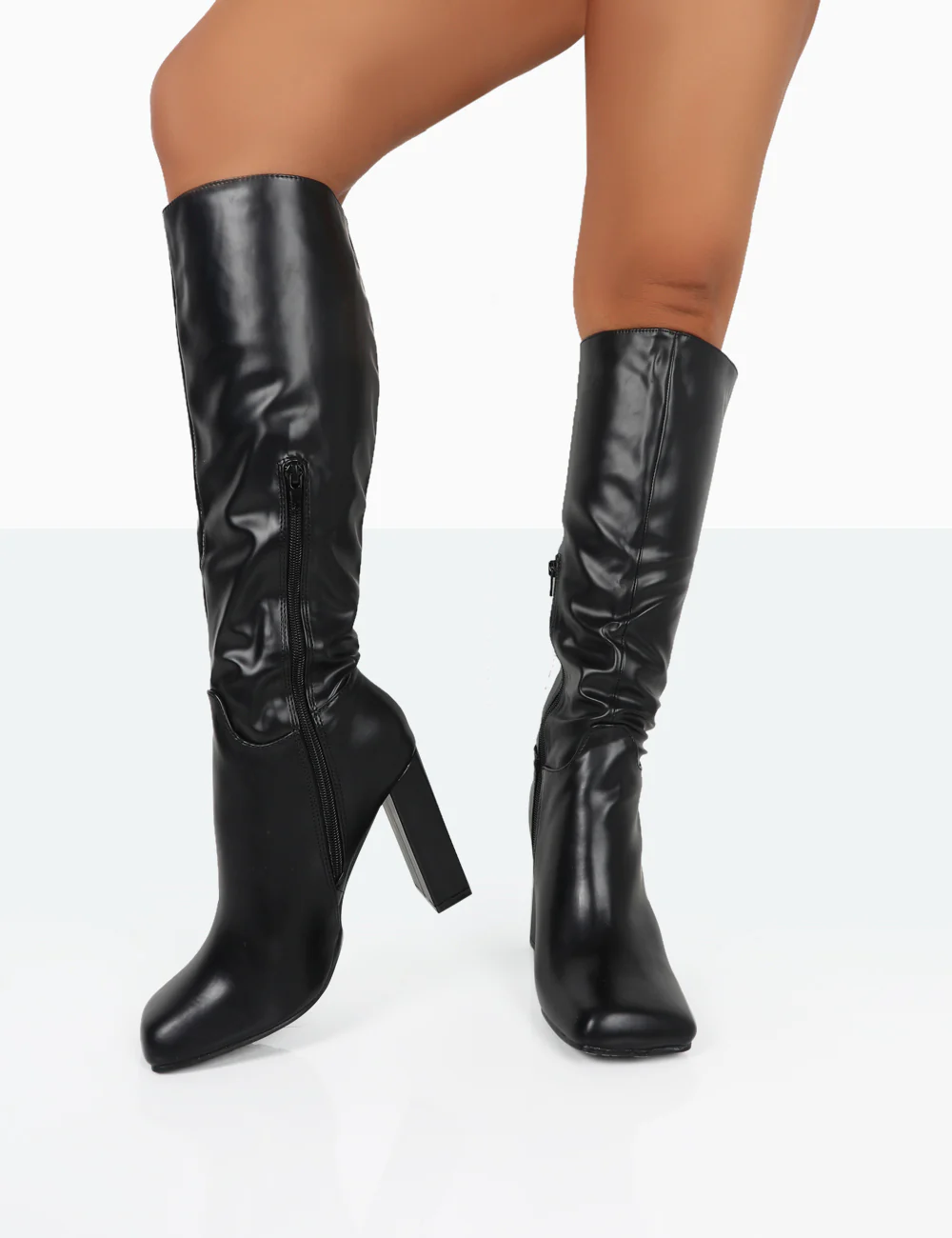 Gia Black Box PU Square Toe Block Heel Knee High Boots - Image 3