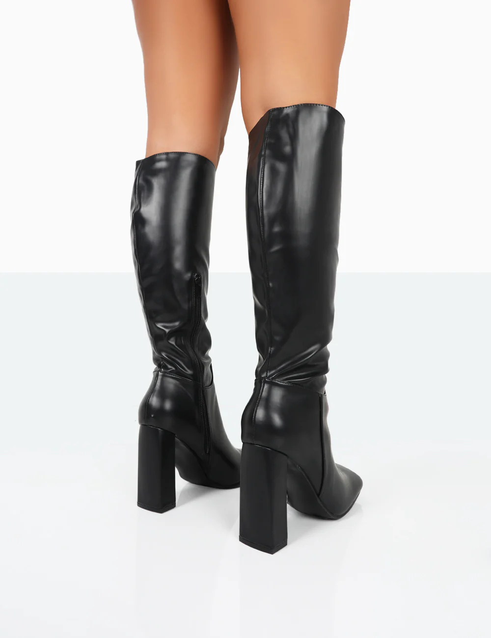 Gia Black Box PU Square Toe Block Heel Knee High Boots - Image 5