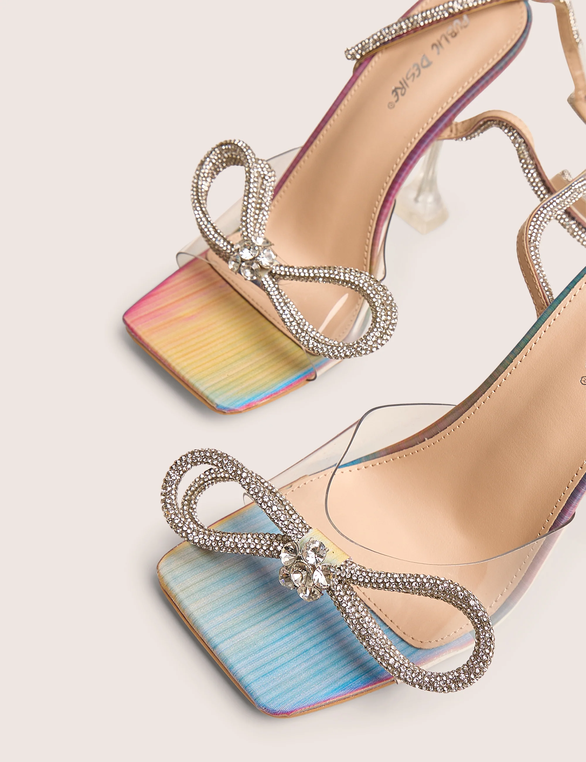 Glimmer Multi Holographic Wrap Around Diamante Bow Square Toe Heels - Image 4