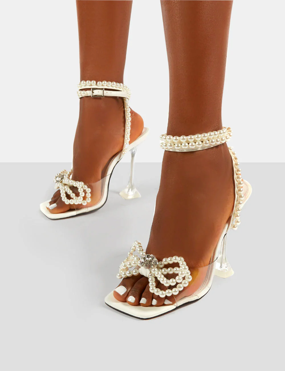 Glimmer White Wide Fit Wrap Around Pearl Square Toe Cake Stand Heels - Image 7