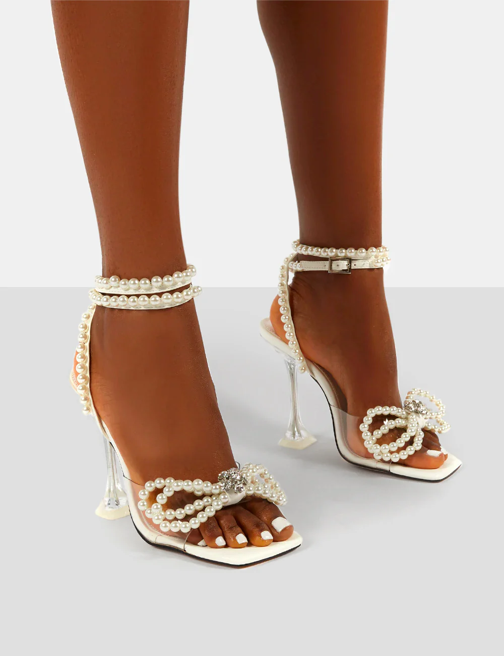 Glimmer White Wrap Around Pearl Detail Bow Square Toe Cake Stand Heels - Image 5