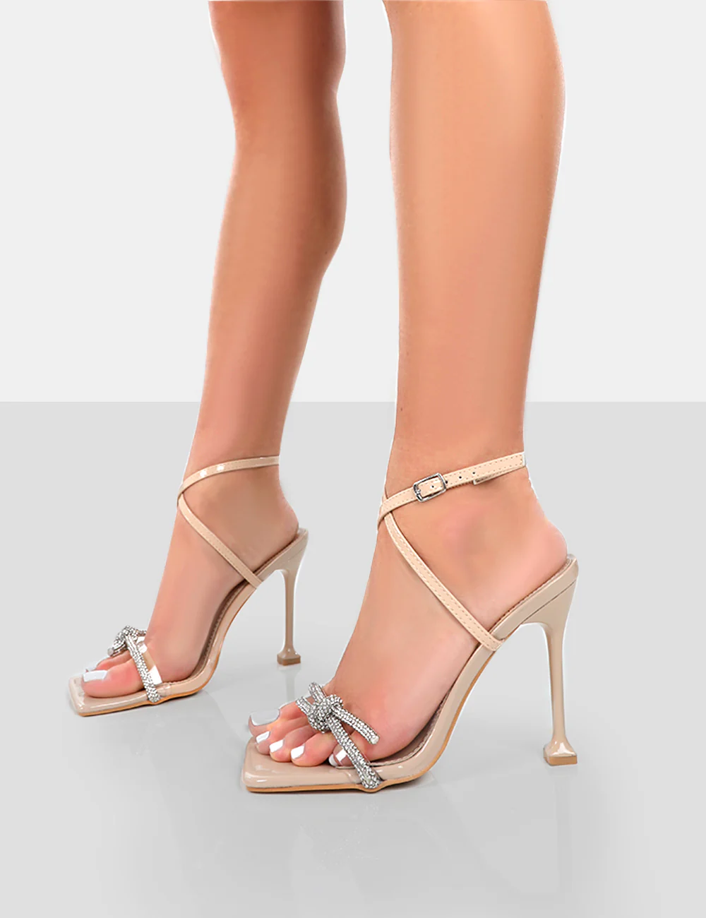 Glitter Nude Wrap Around Diamante Bow Square Toe Heels - Image 4