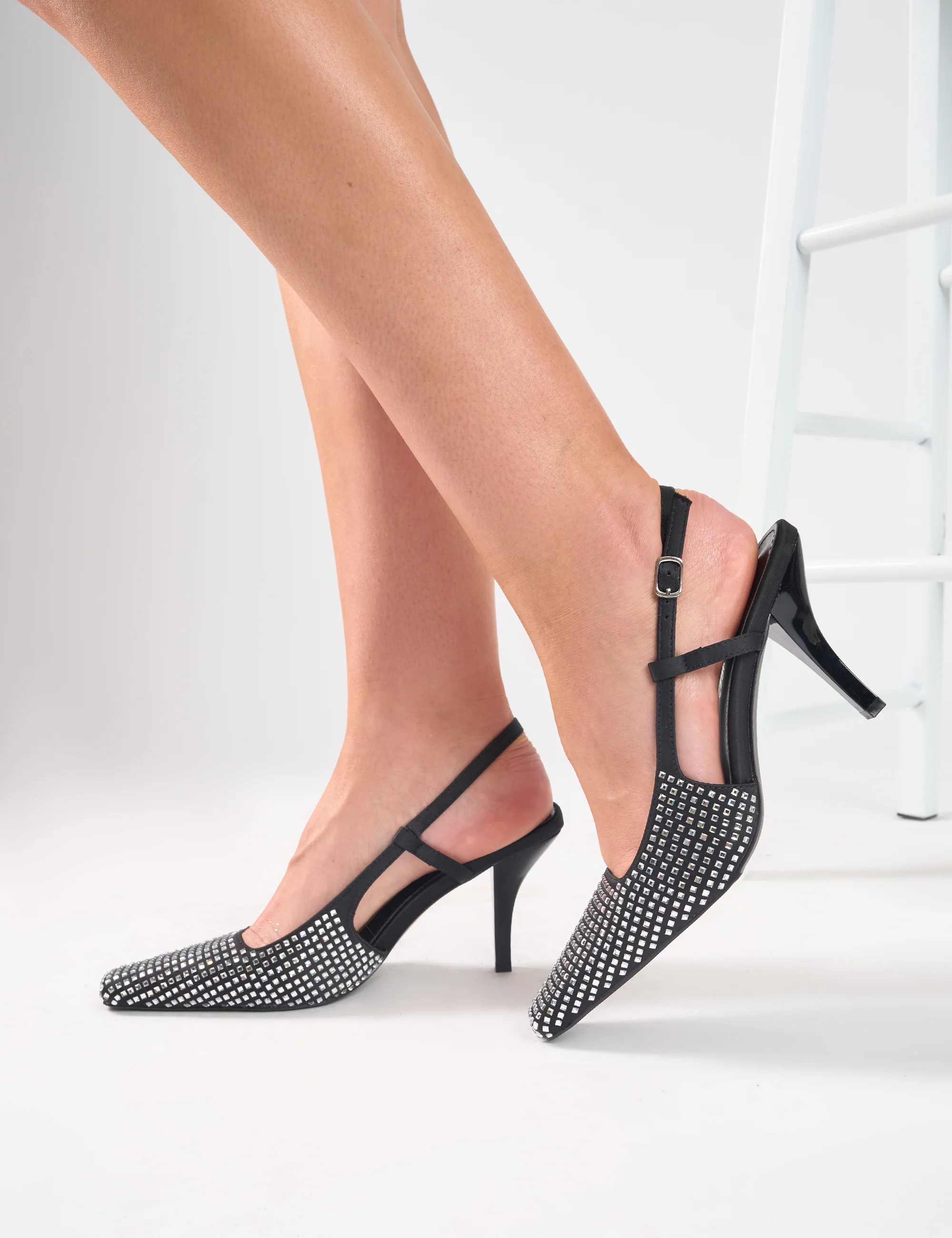 Gloria Black Embellished Sling Back Court Heels - Image 2