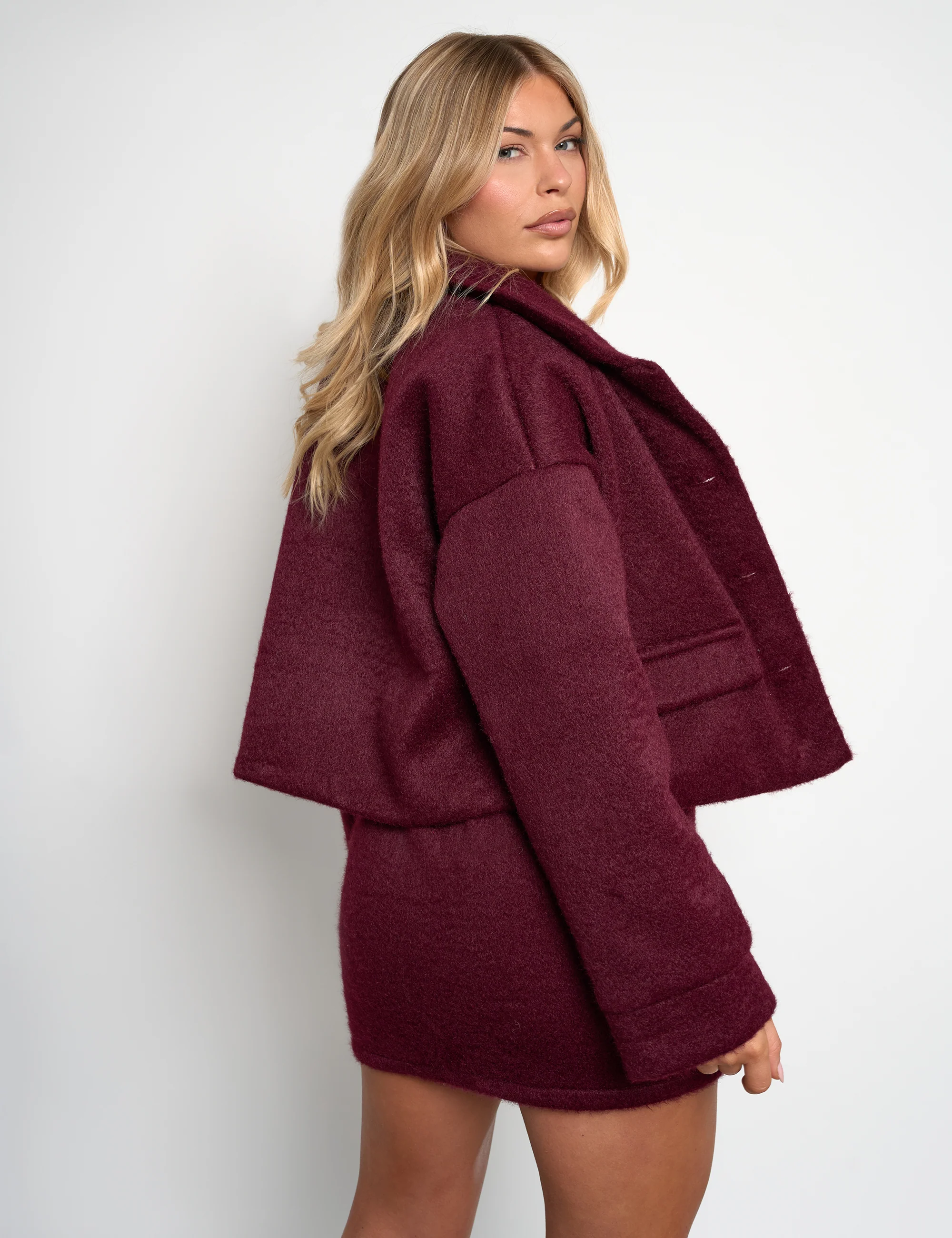Faux Wool Gold Button Detail Jacket Co Ord Burgundy - Image 3
