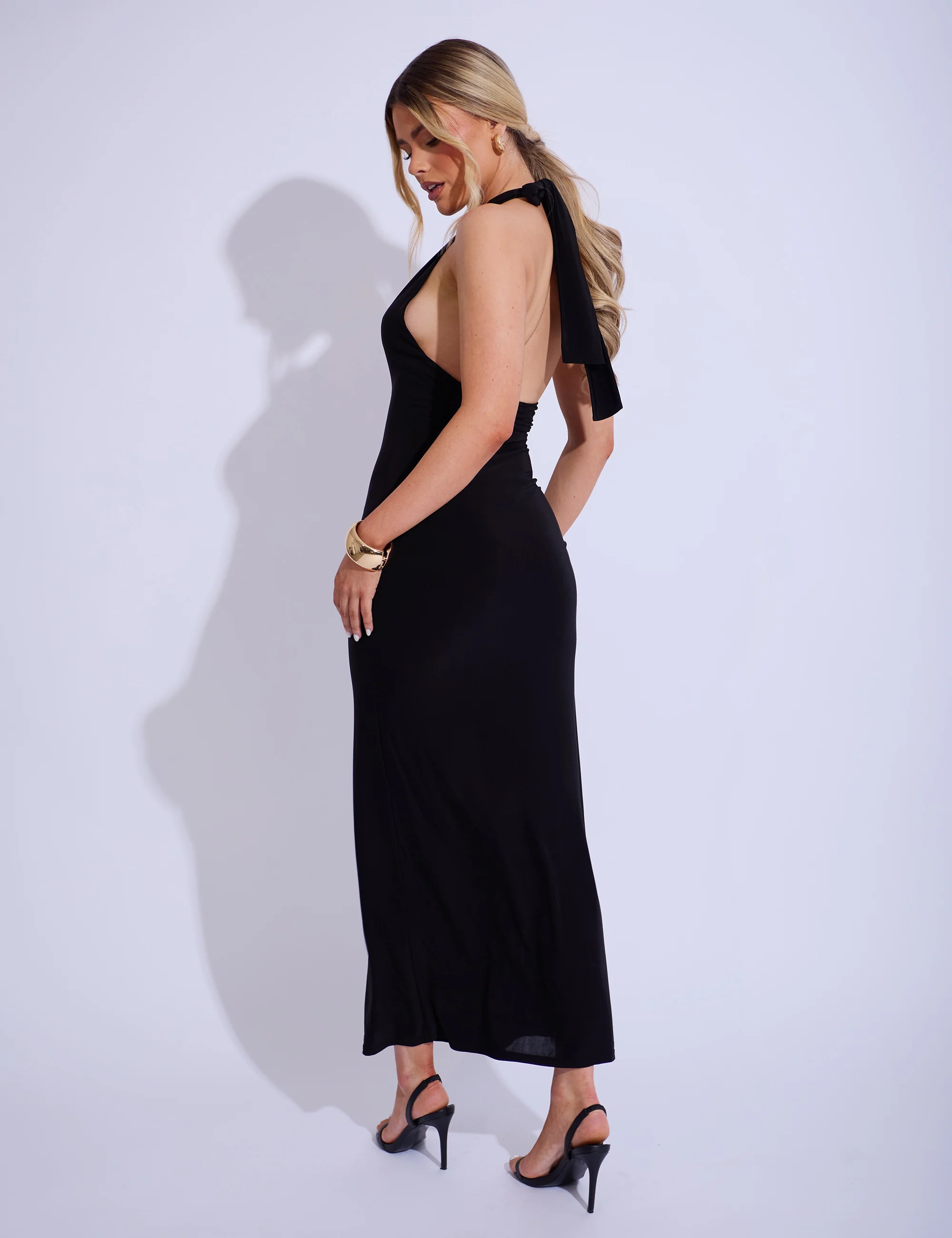 Gold Trim Super Plunge Maxi Dress Black - Image 3