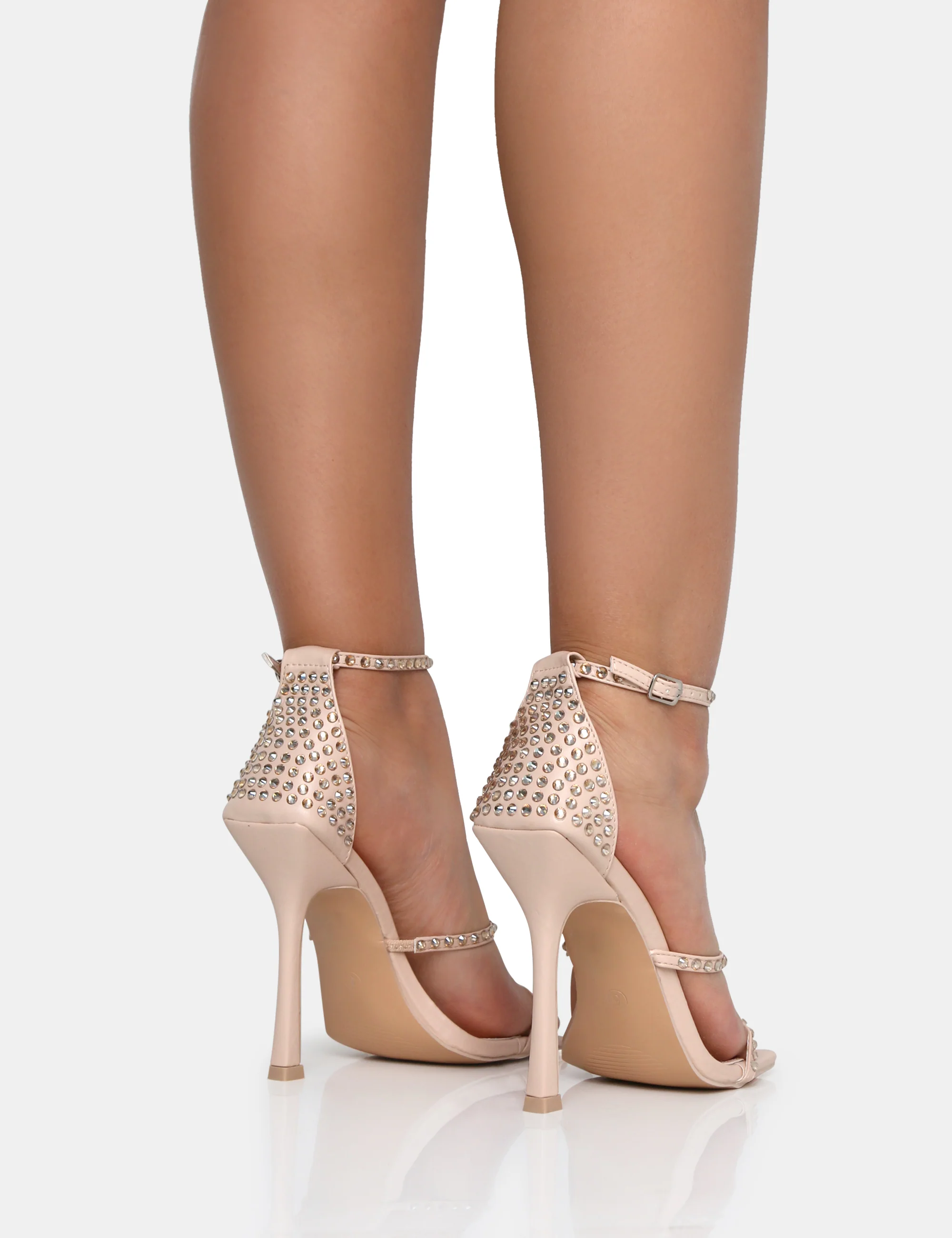Golda Nude Diamante Strappy Barely There Square Toe Stiletto Heels - Image 2
