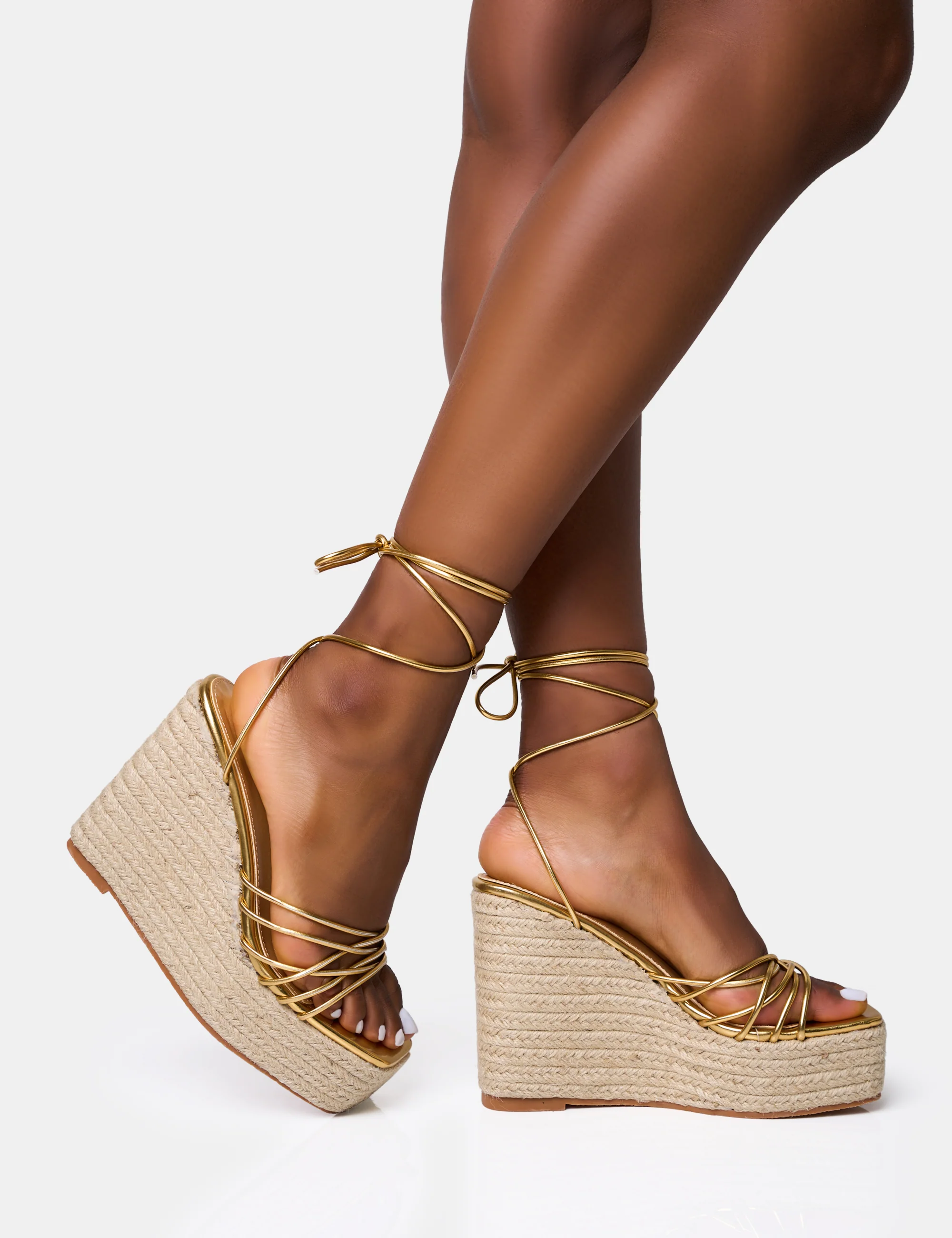 Heated Gold Strappy Lace Up Jute Wedges - Image 2