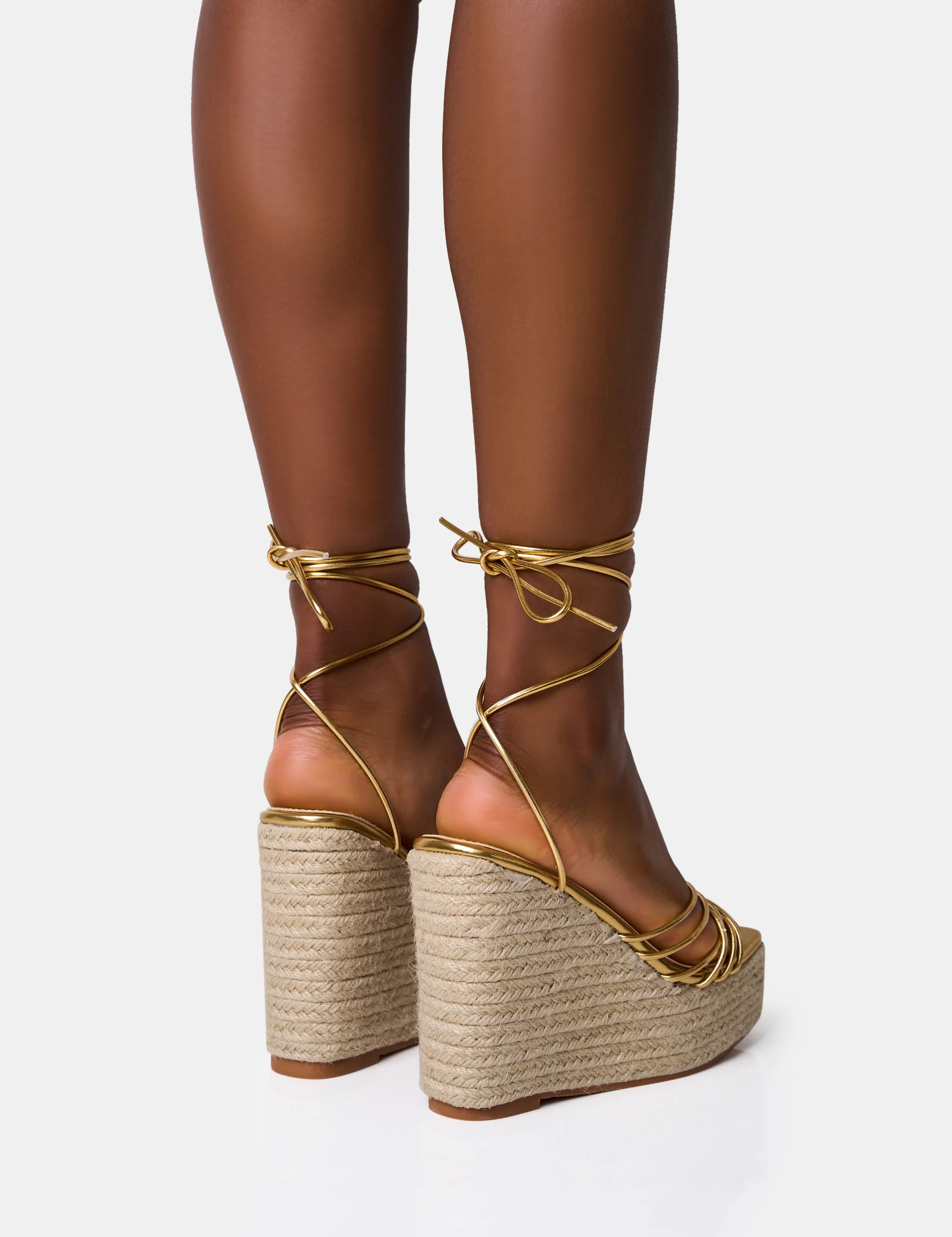 Heated Gold Strappy Lace Up Jute Wedges - Image 4