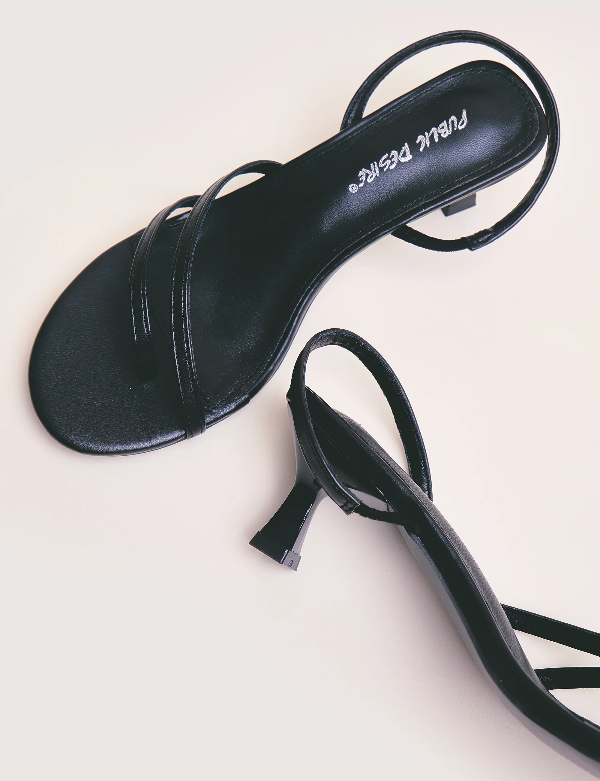 Helios Black Pu Asymmetric Toe Strap Sling Back Mid Heels - Image 2