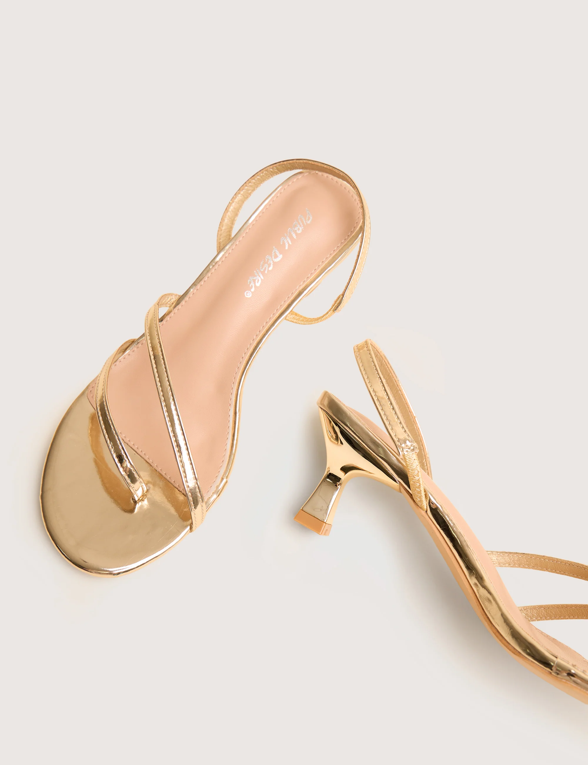 Helios Gold Mirror Pu Asymmetric Toe Strap Sling Back Mid Heels - Image 3