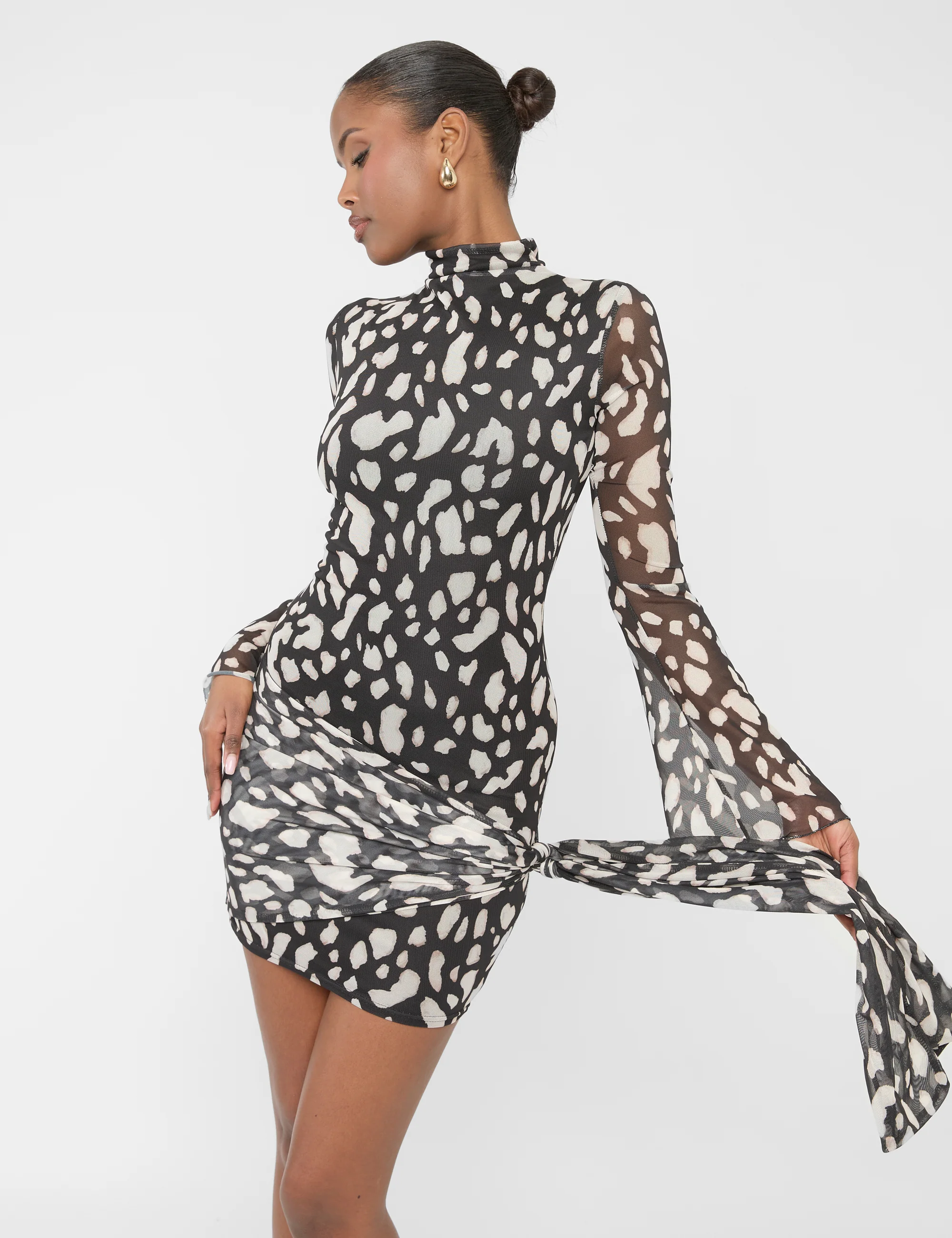 Mesh Knot Detail High Neck Mini Dress Animal Print - Image 2