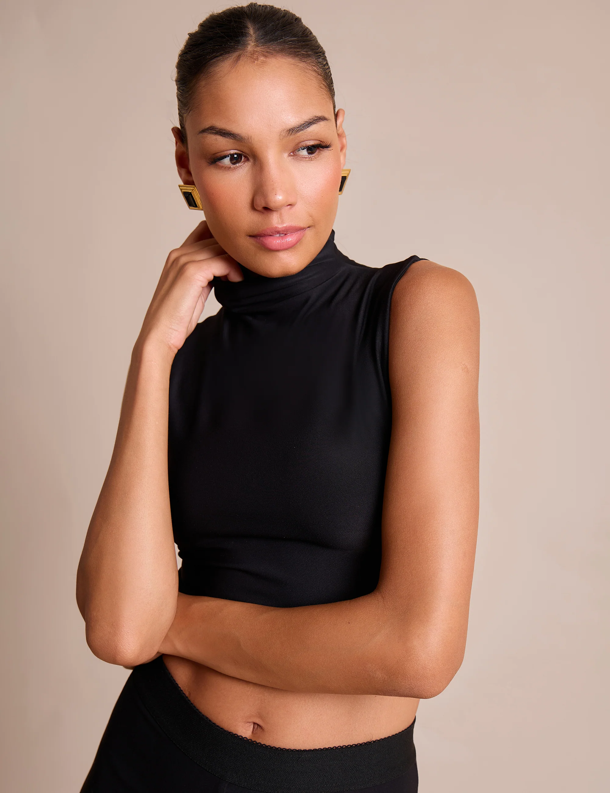 High Neck Luxe Slinky Crop Top Black - Image 2