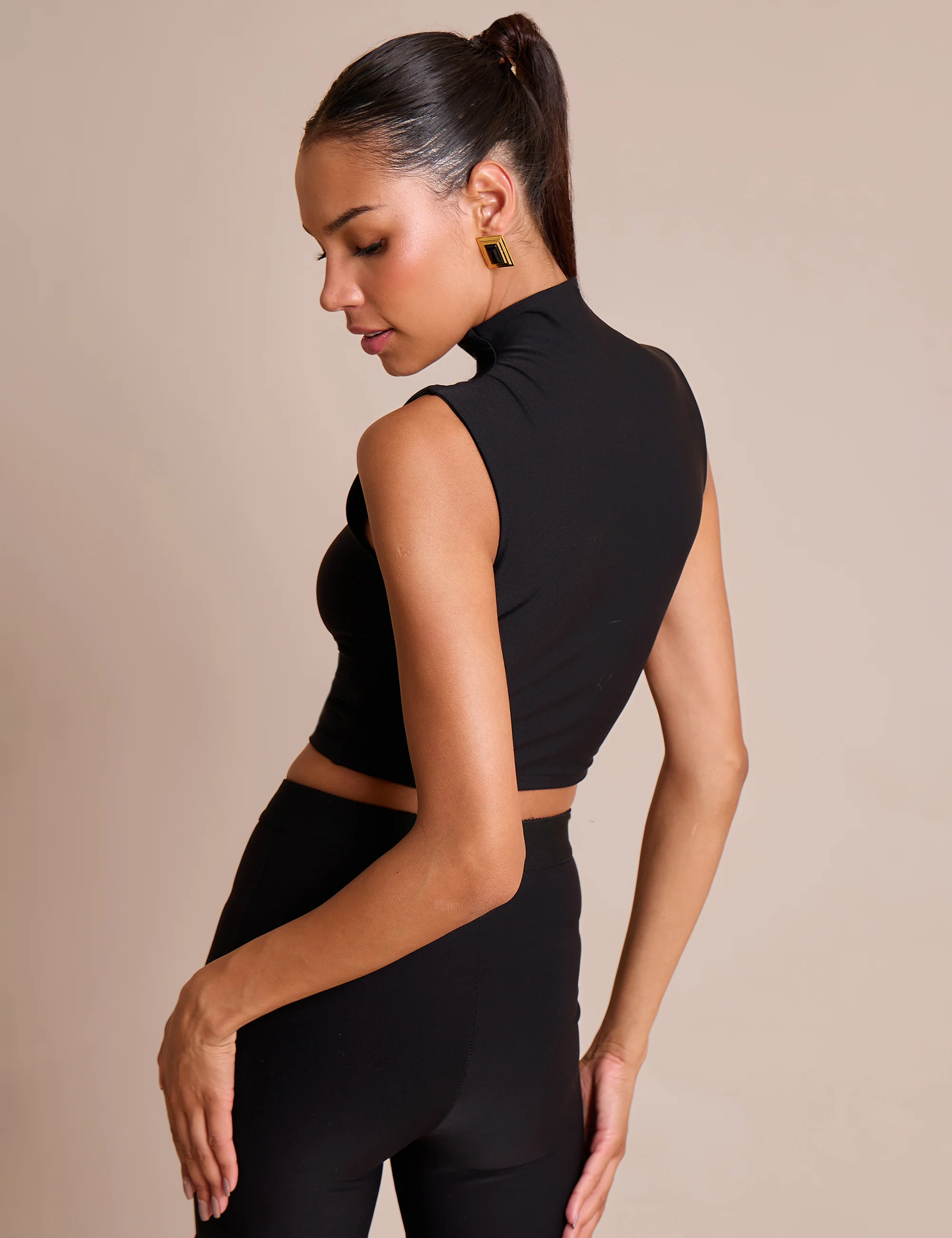 High Neck Luxe Slinky Crop Top Black - Image 3