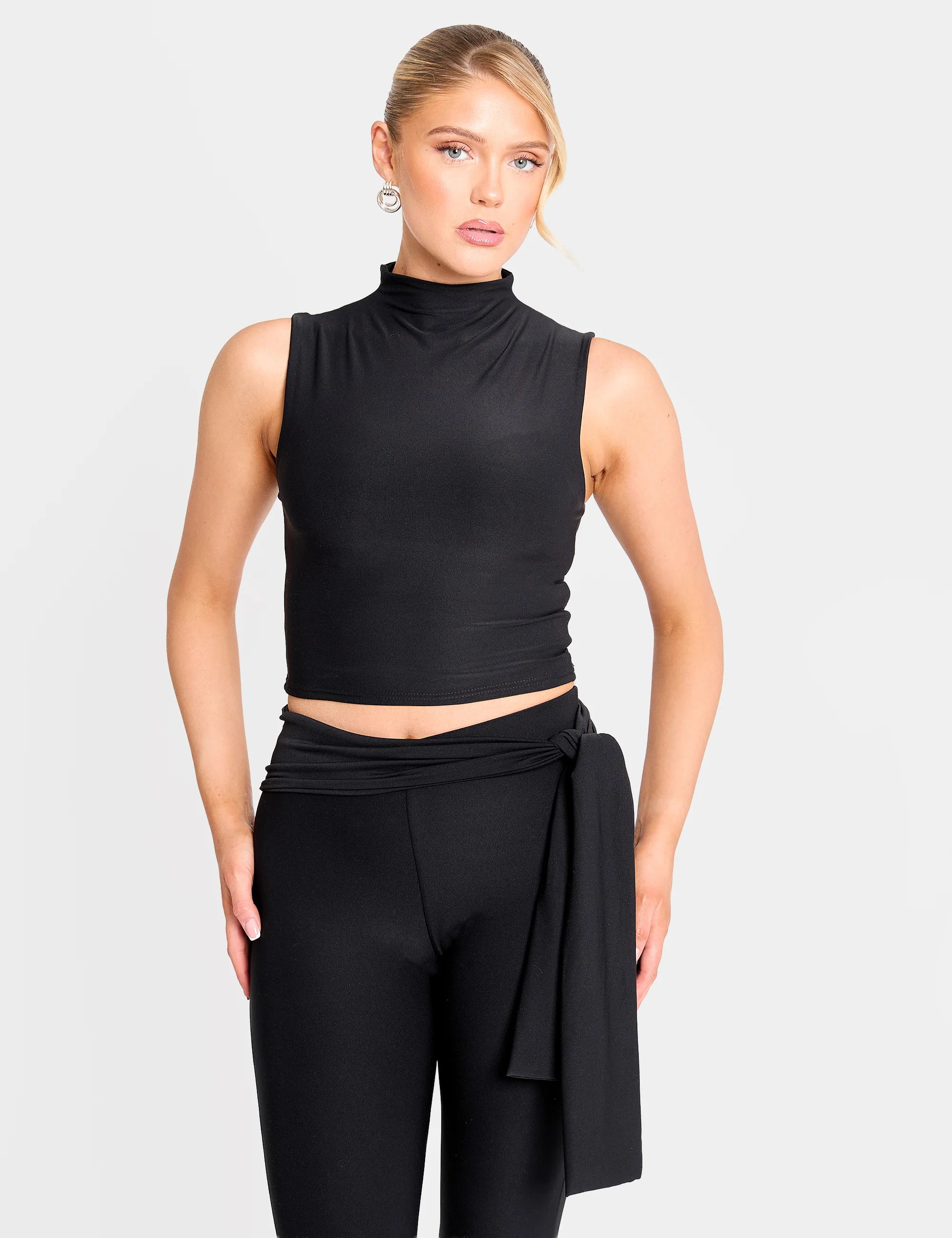 High Neck Luxe Slinky Crop Top Black - Image 5