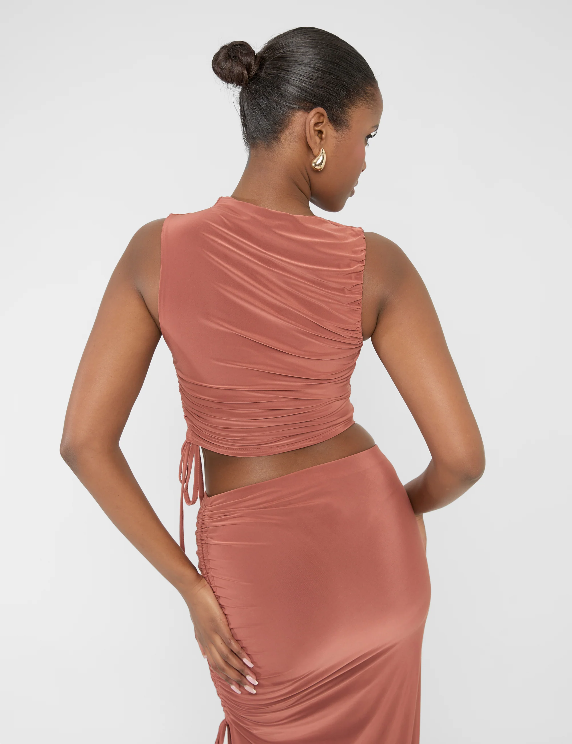 Ruched Detail Slinky High Neck Crop Top Rust - Image 2