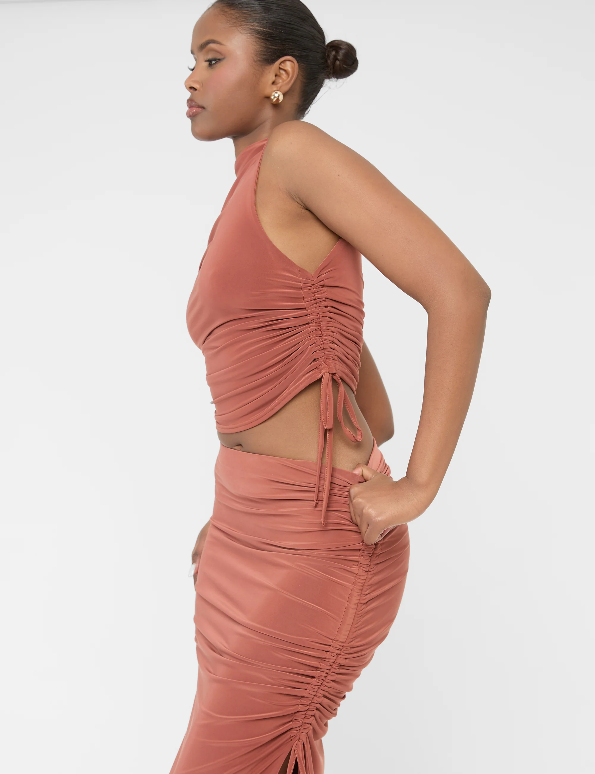 Ruched Detail Slinky High Neck Crop Top Rust - Image 5