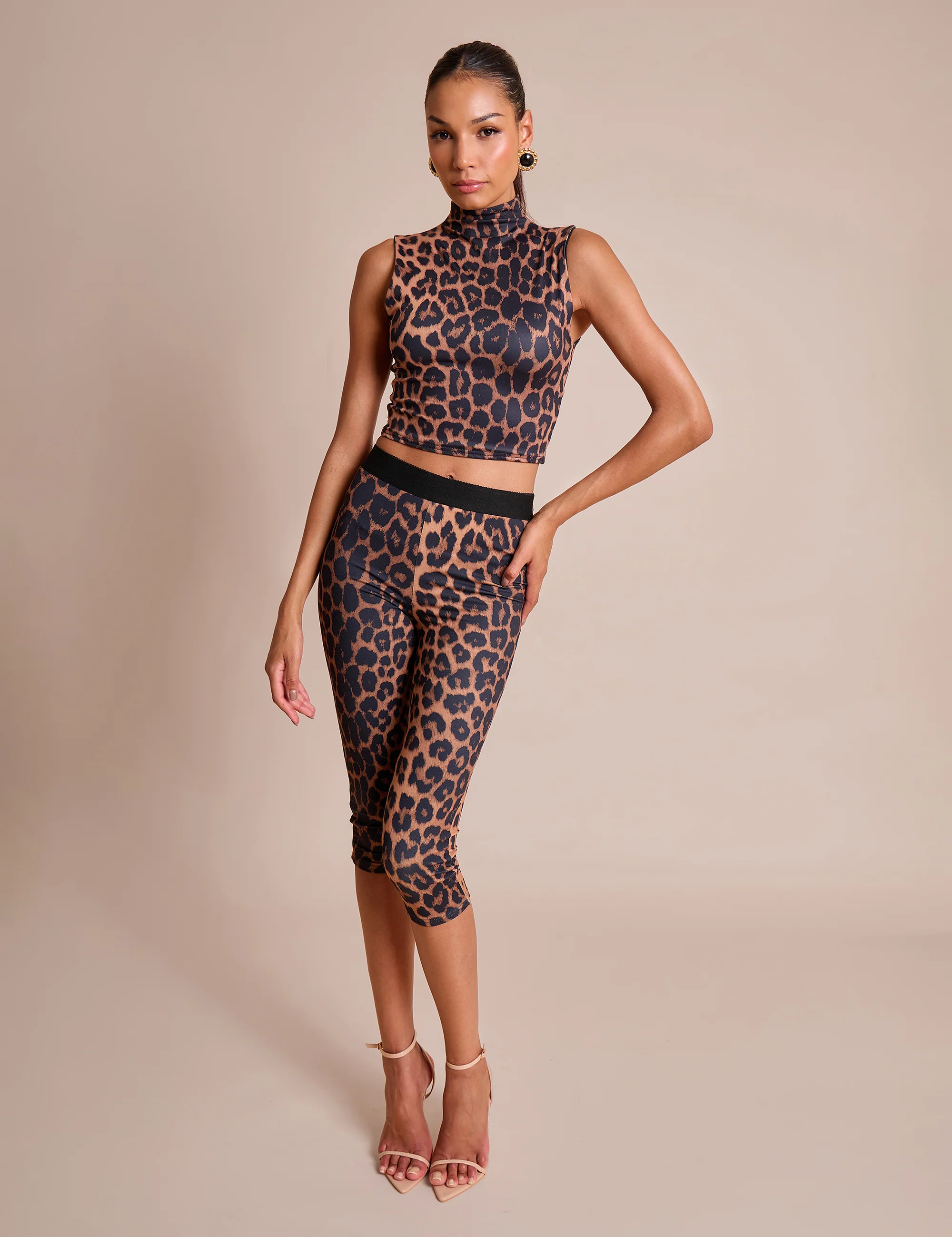 High Neck Luxe Slinky Crop Top Leopard - Image 2