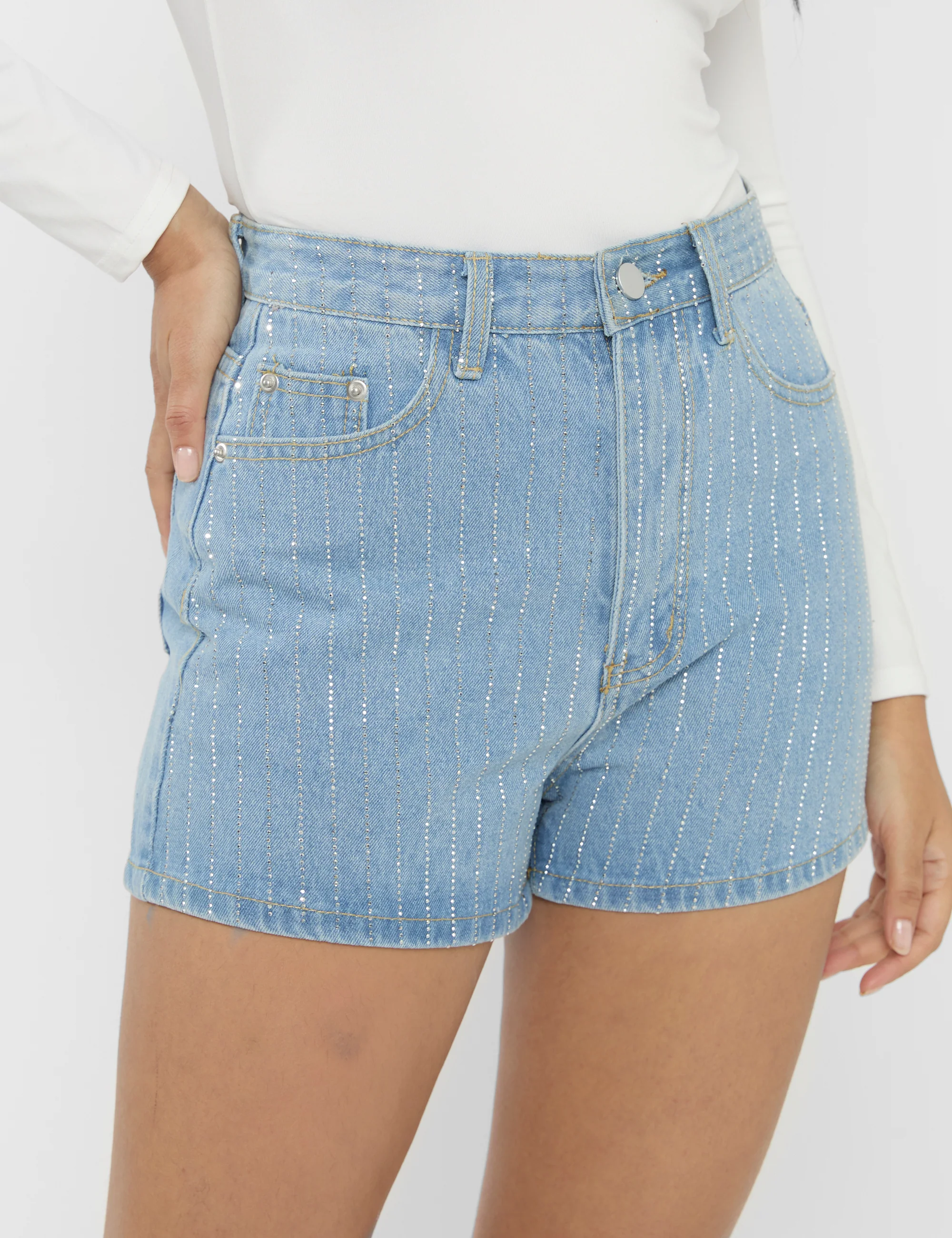 High Waist Diamante Embellished Shorts Light Blue - Image 3