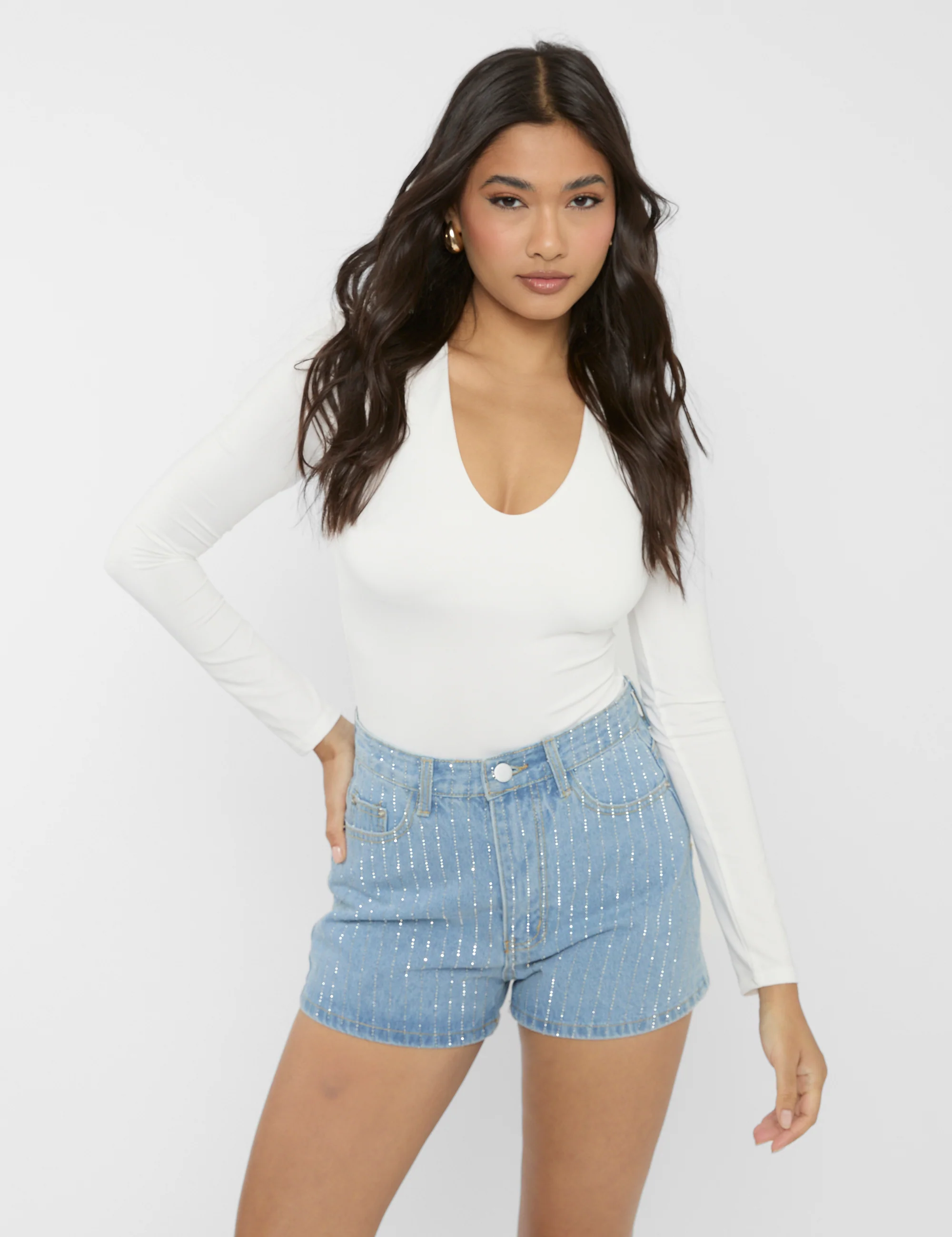 High Waist Diamante Embellished Shorts Light Blue - Image 4