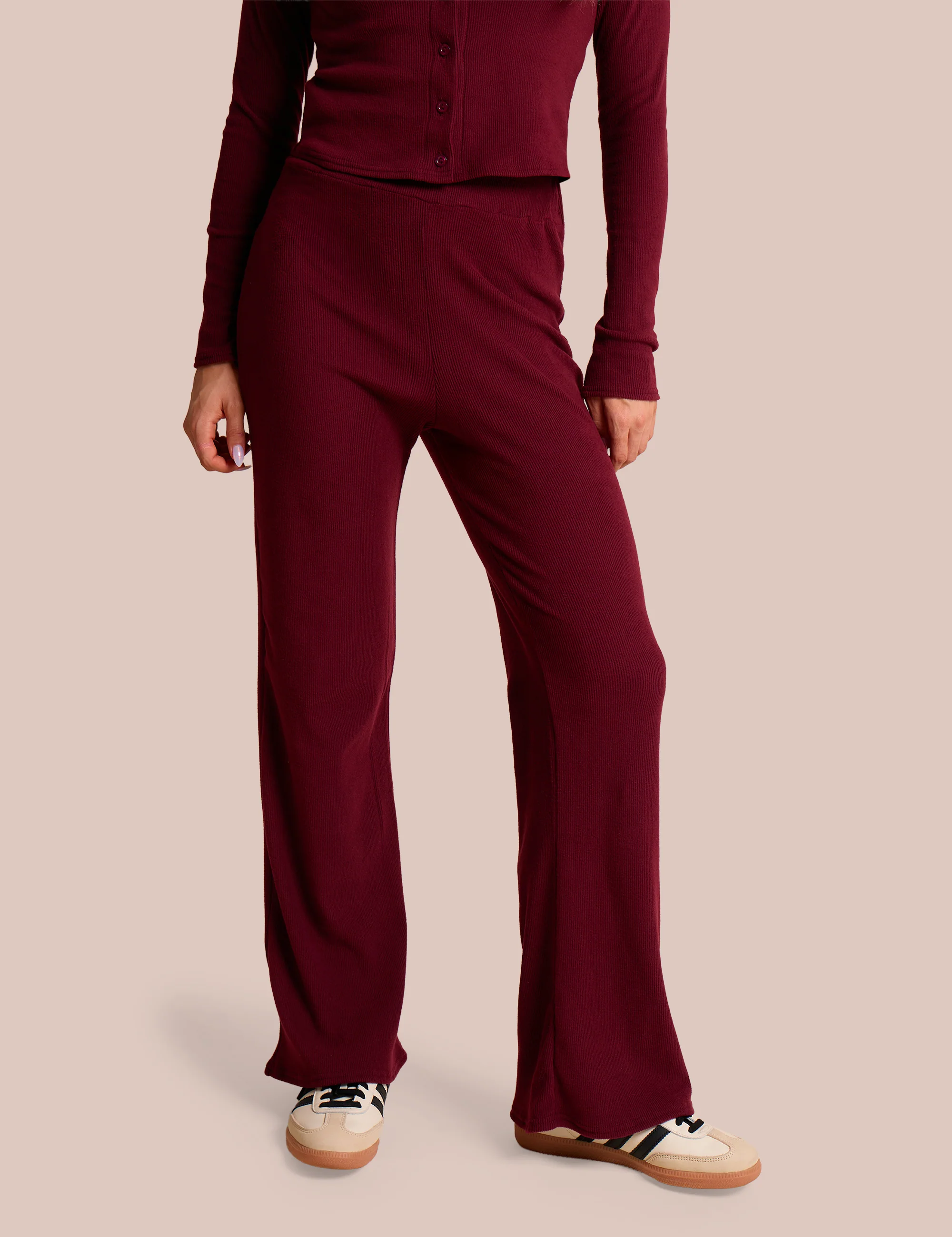 High Waist Rib Wide Leg Trouser Burgundy - Image 2