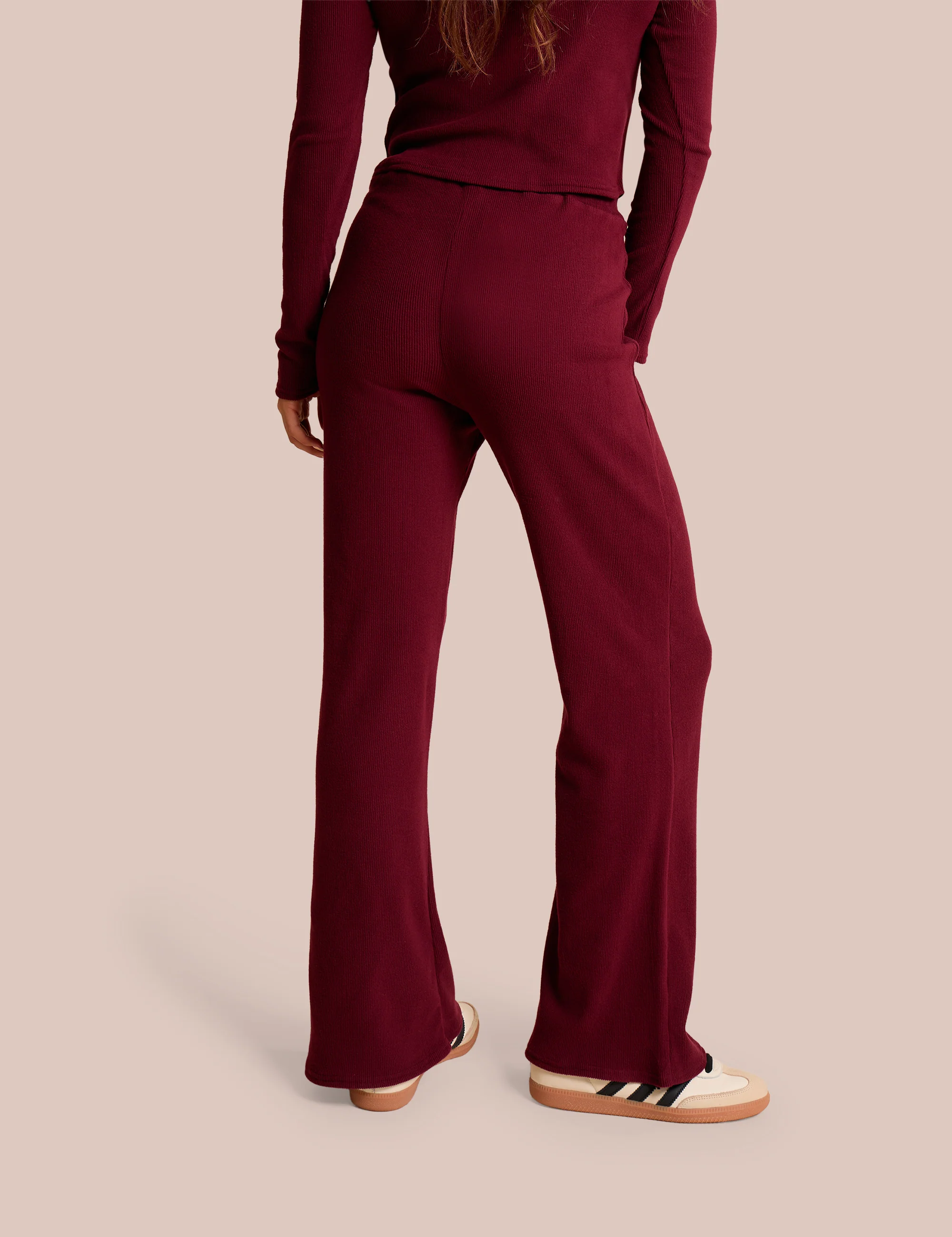 High Waist Rib Wide Leg Trouser Burgundy - Image 3