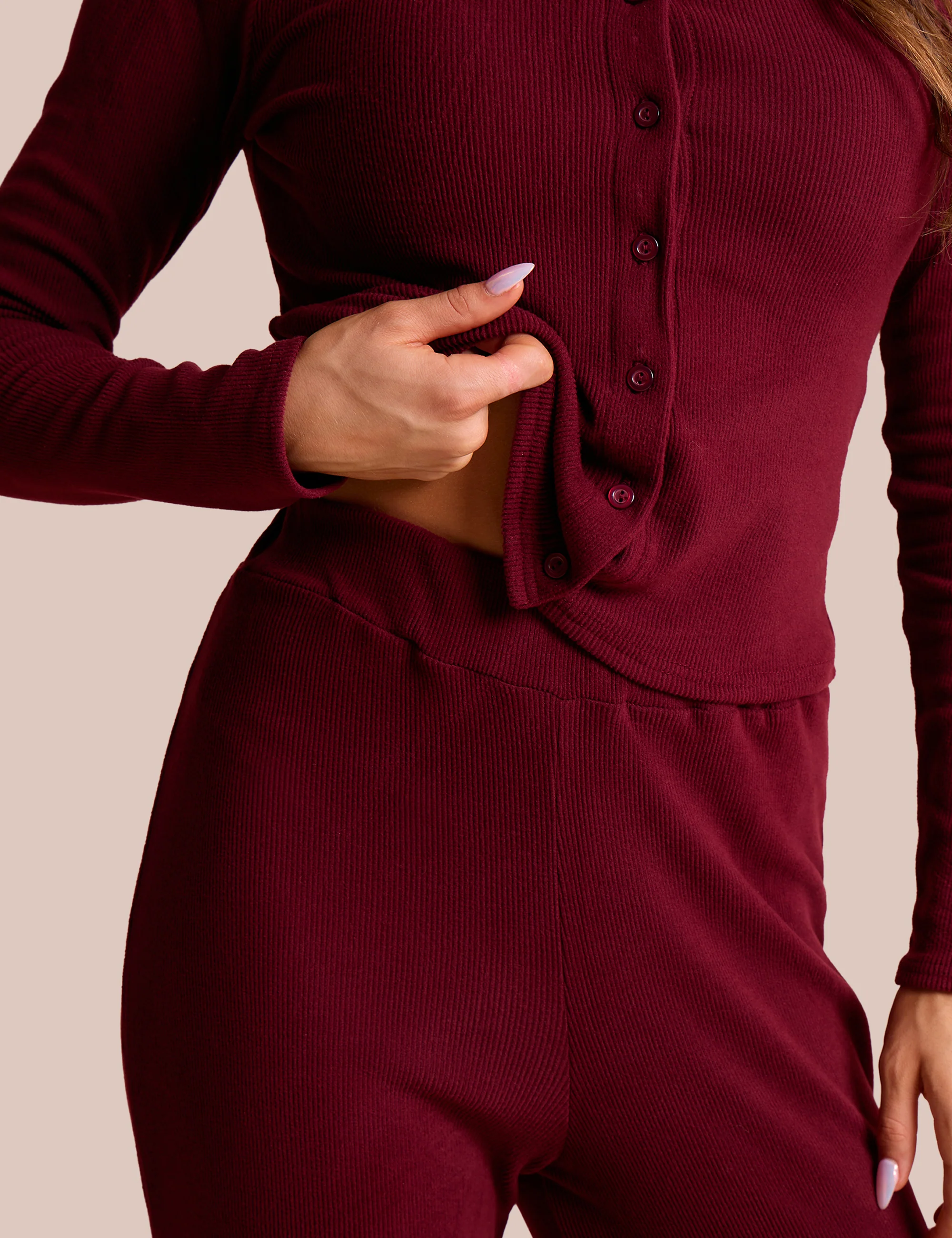 High Waist Rib Wide Leg Trouser Burgundy - Image 4