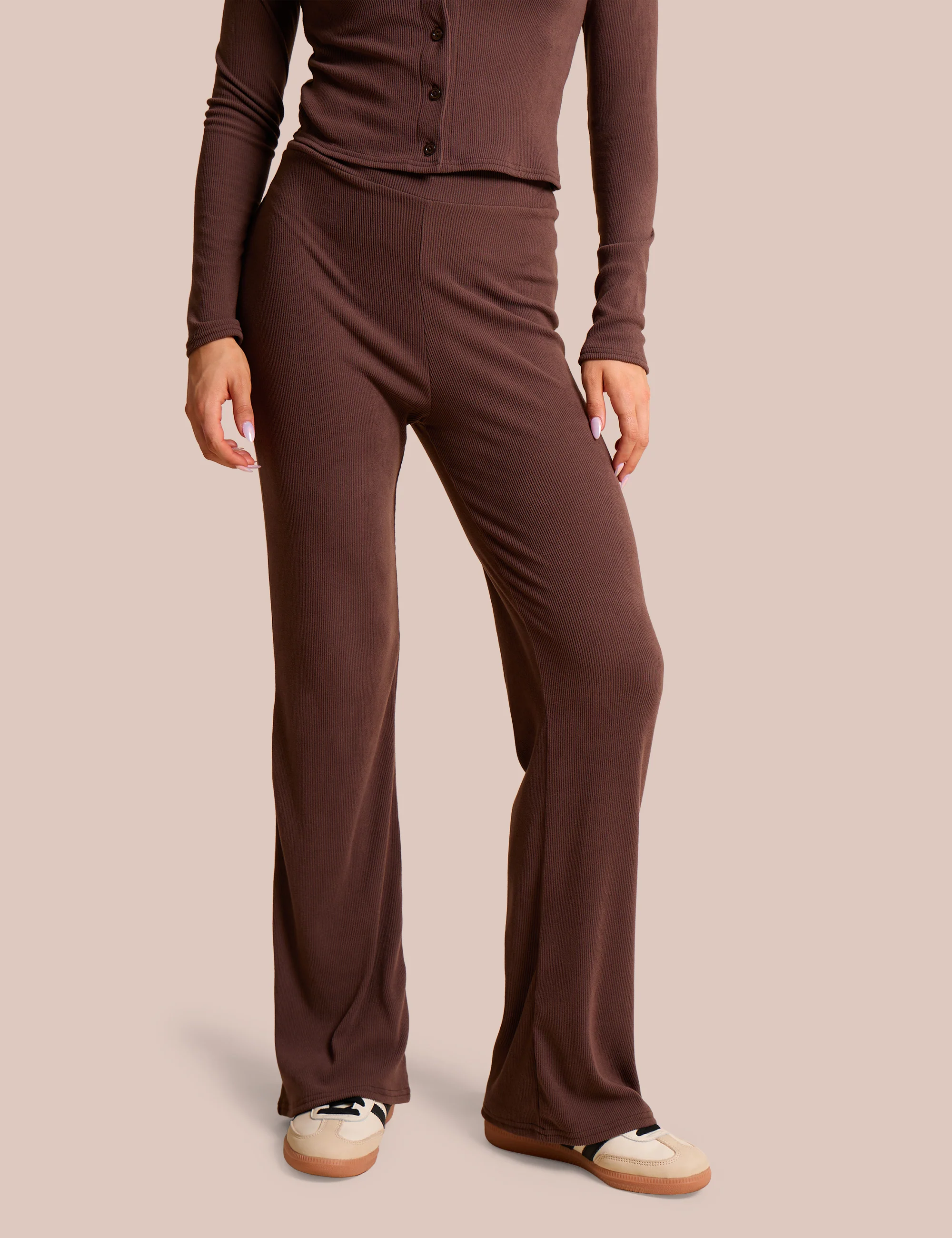 High Waist Rib Wide Leg Trouser Chocolate - Image 2