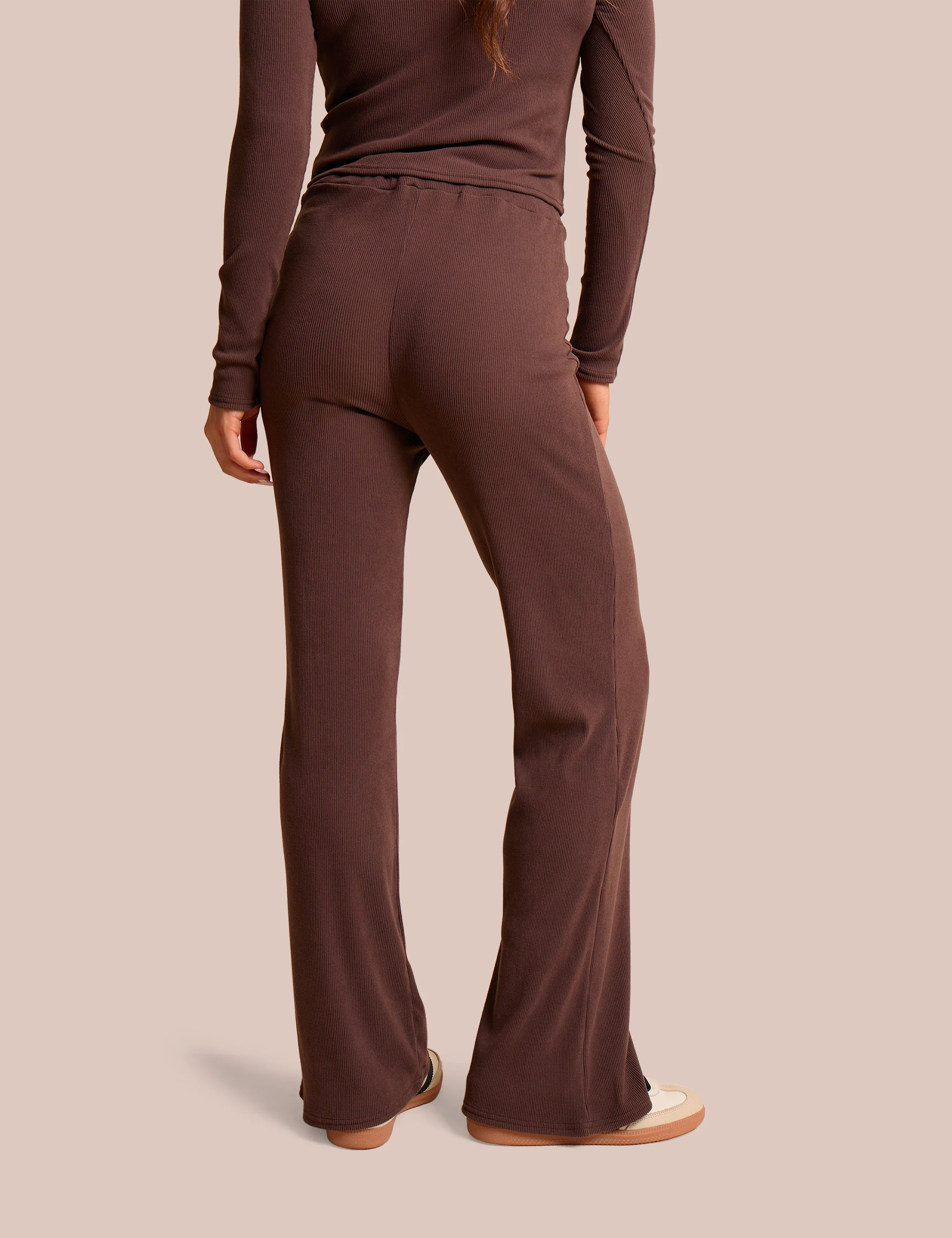 High Waist Rib Wide Leg Trouser Chocolate - Image 3
