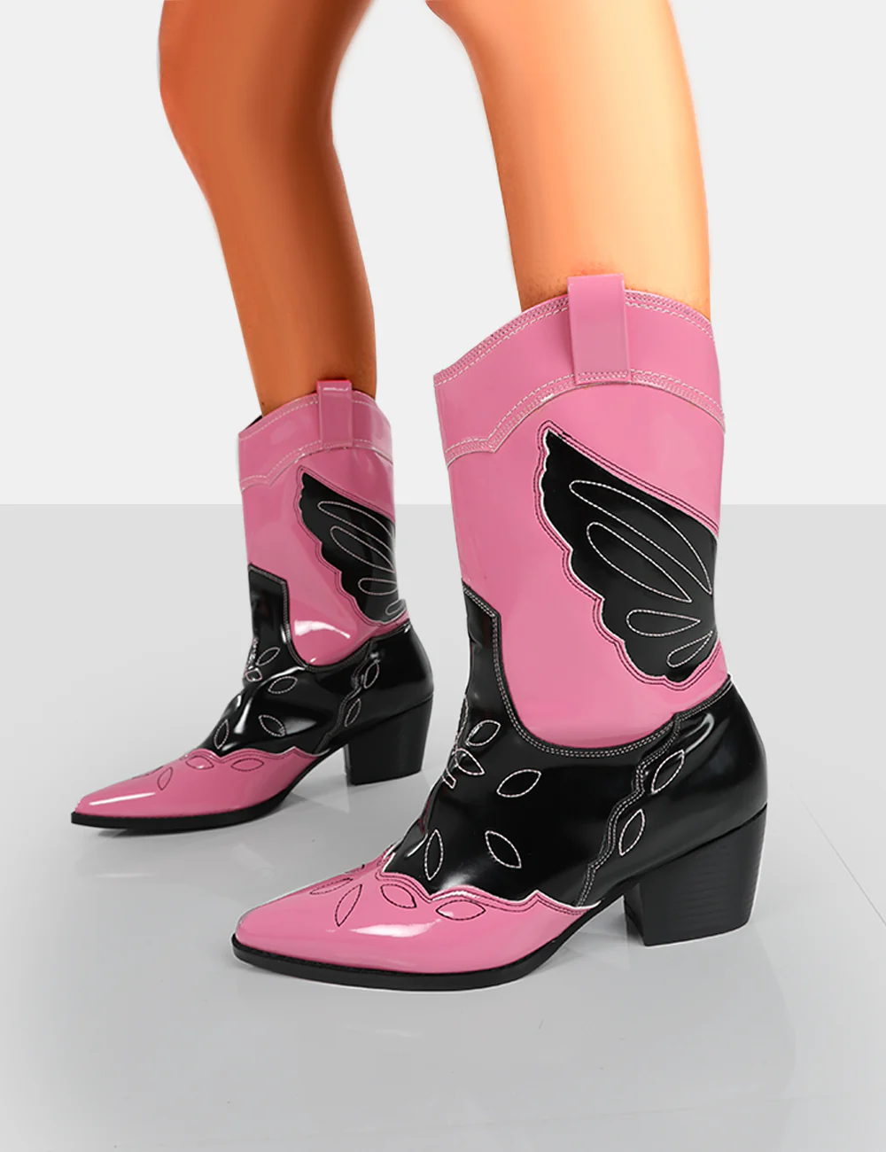 Howdy Pink Patent Pointed Toe Western Cowboy Block Ankle Boots - Image 3