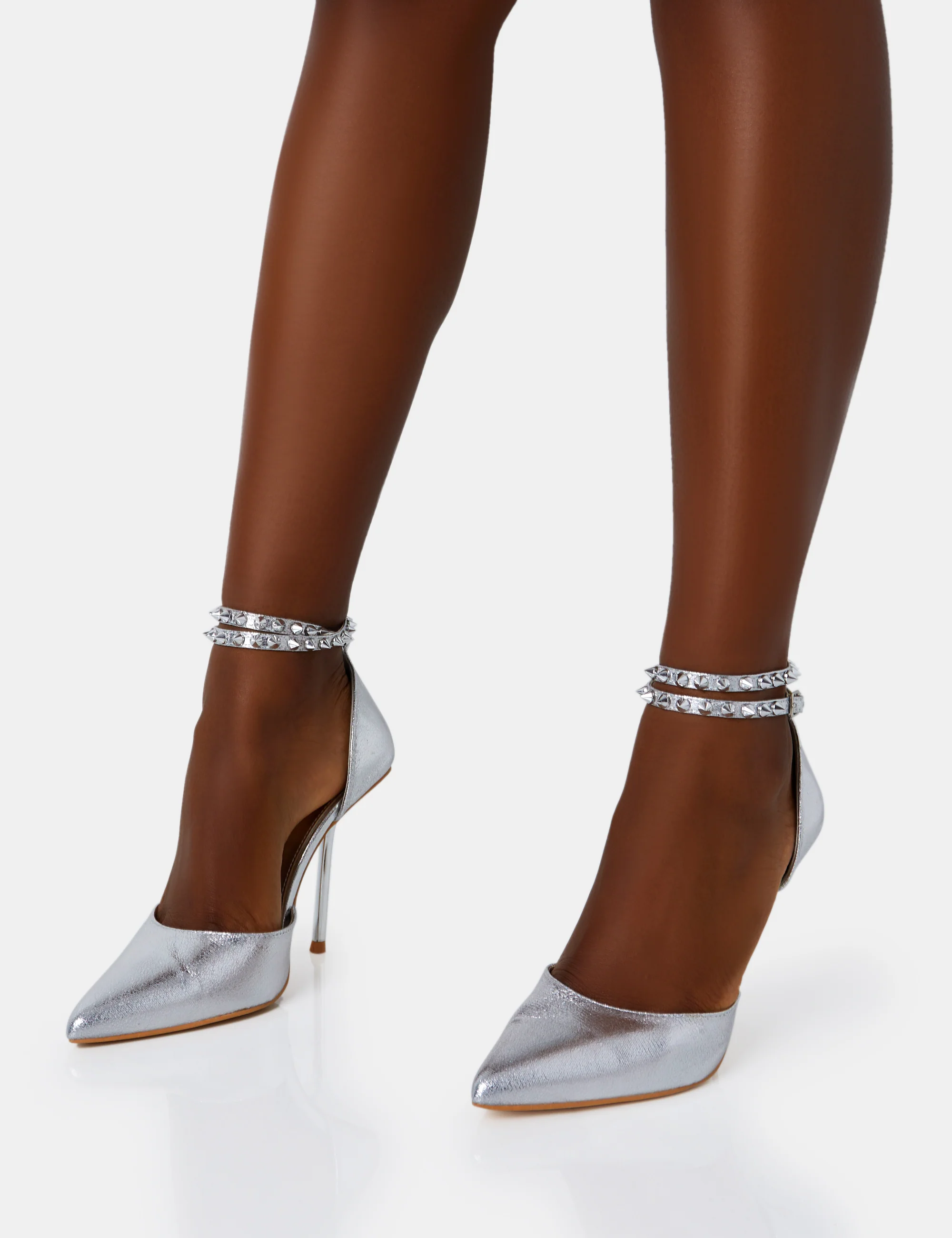Hypnotize Silver Grain Stud Detail Strappy Stiletto Court Heels - Image 4
