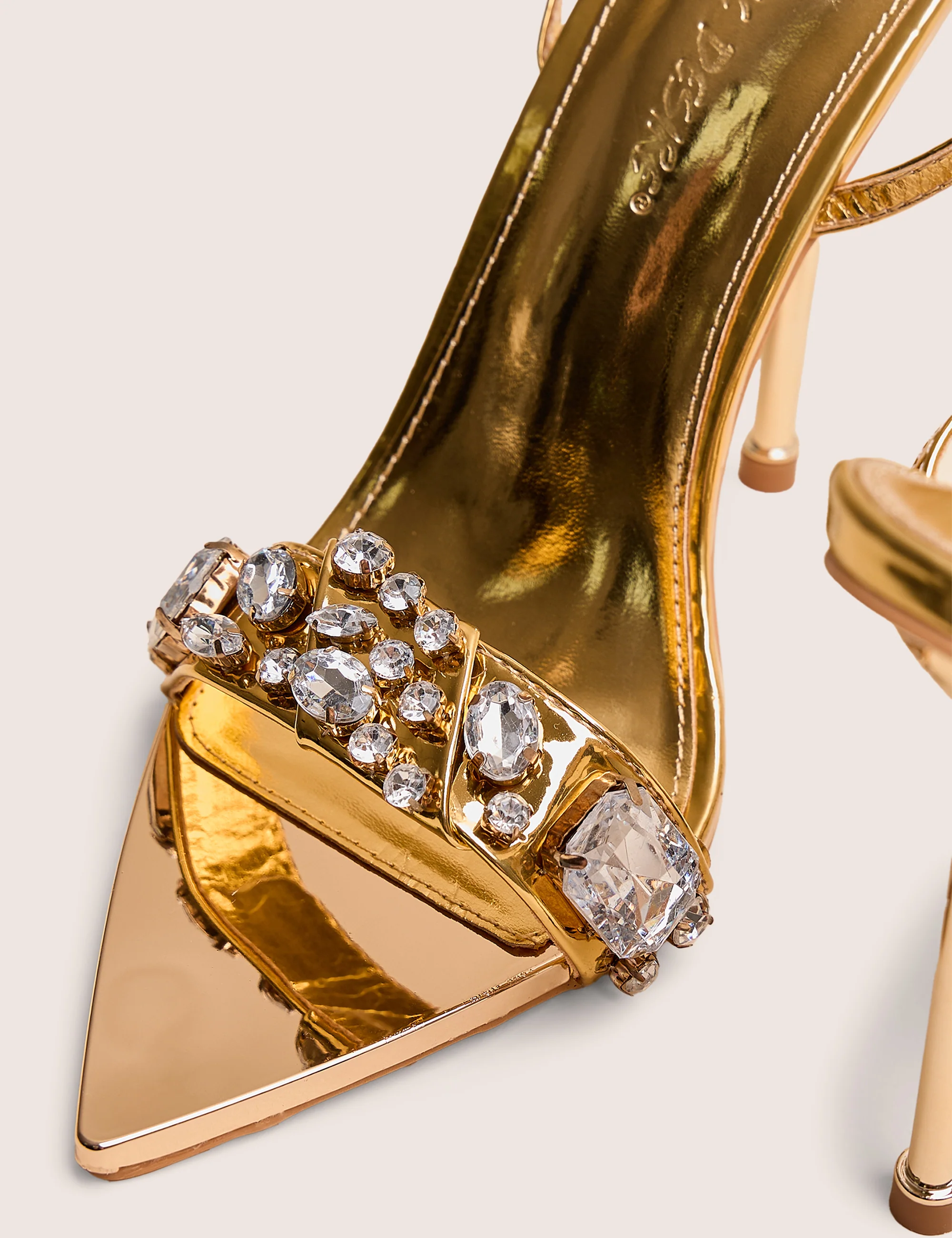 Icicle Gold Metallic Patent Extreme Jeweled Ankle Strap Pointed Toe Stiletto Heels - Image 4