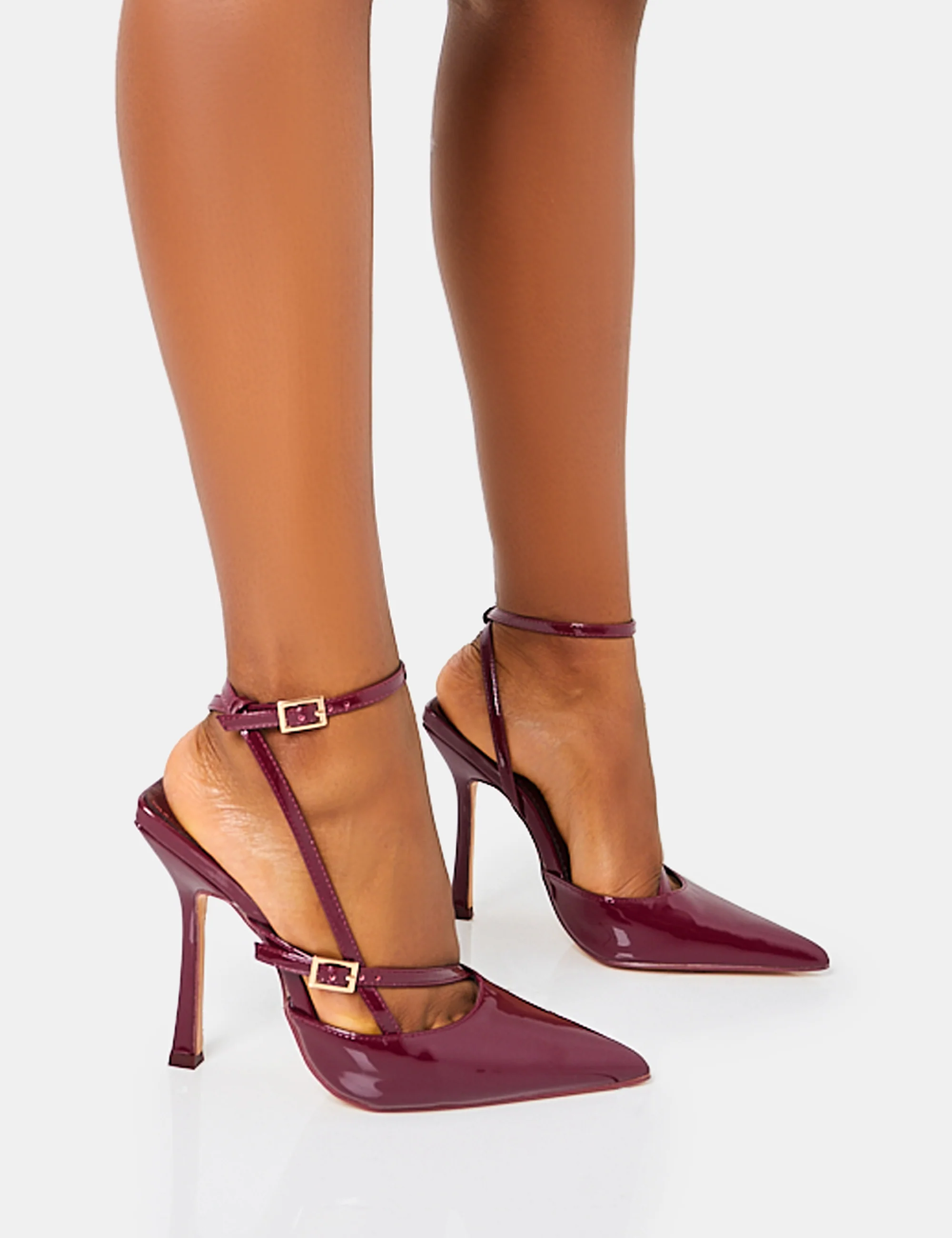 Idol Burgundy Patent Buckle Strappy Detail Stiletto Court High Heels - Image 5