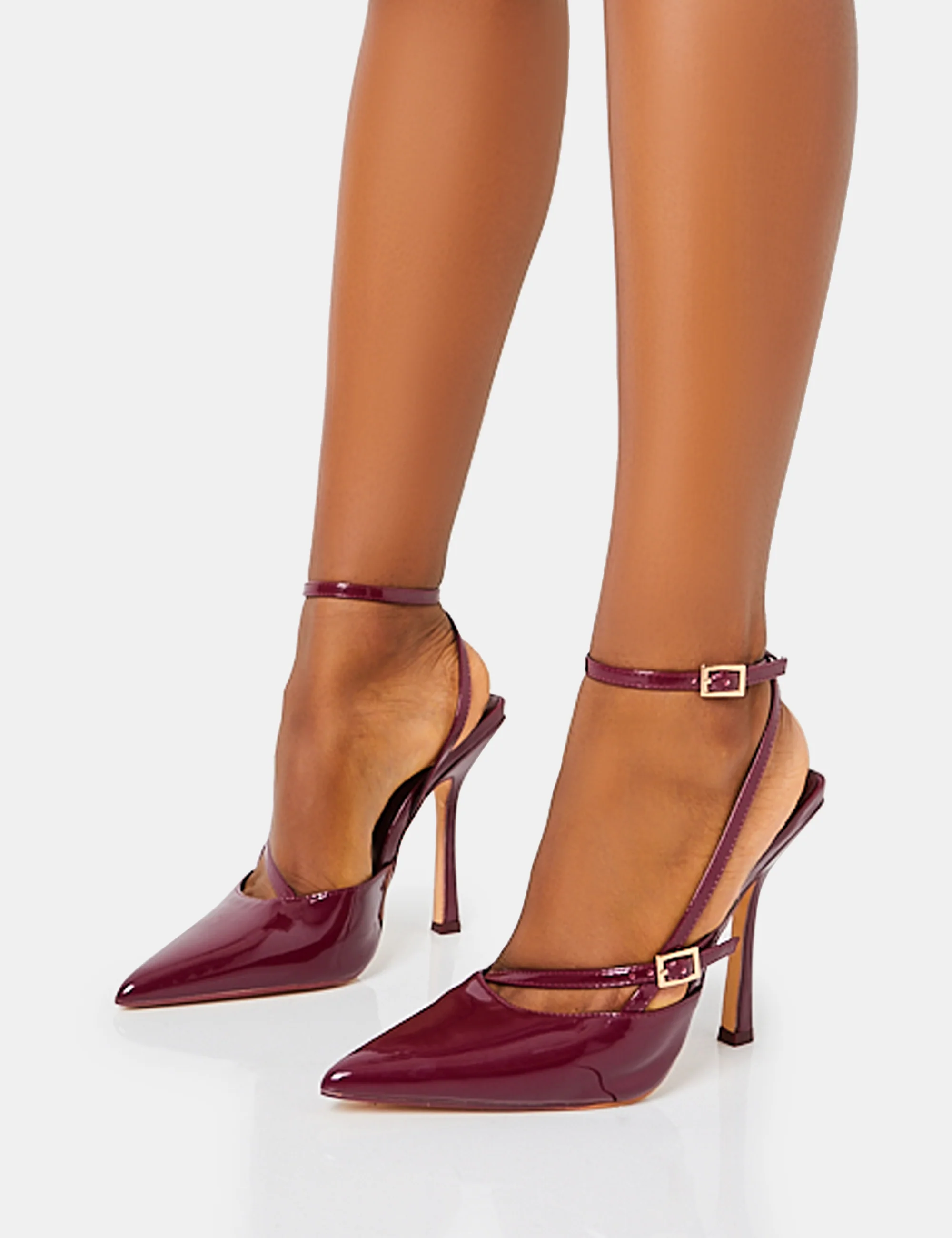 Idol Burgundy Patent Buckle Strappy Detail Stiletto Court High Heels - Image 7