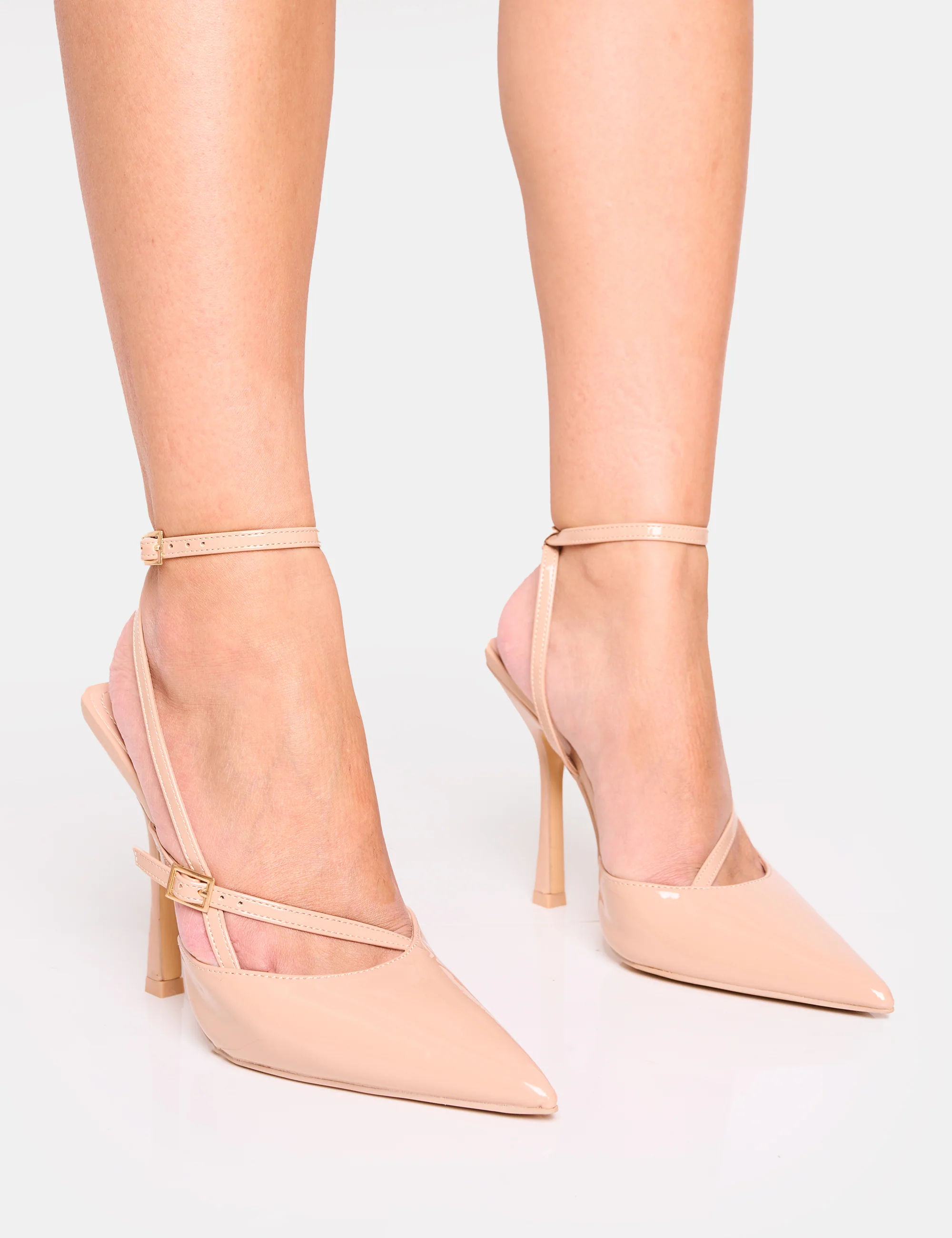Idol Nude Patent Buckle Strappy Detail Stiletto Court High Heels - Image 5