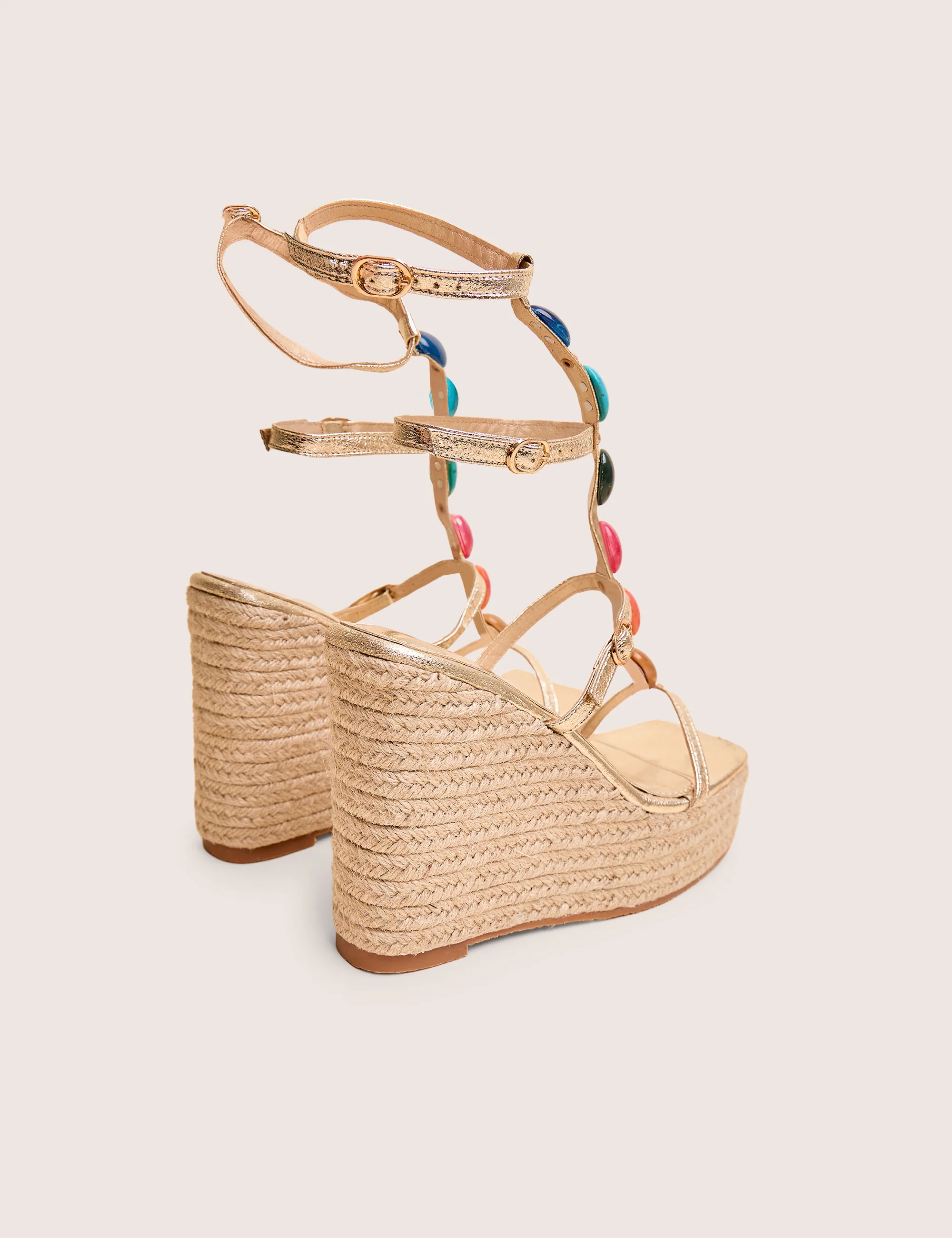 Iliana Cracked Gold Pu Beaded Trim Strappy Jute Wedges - Image 3