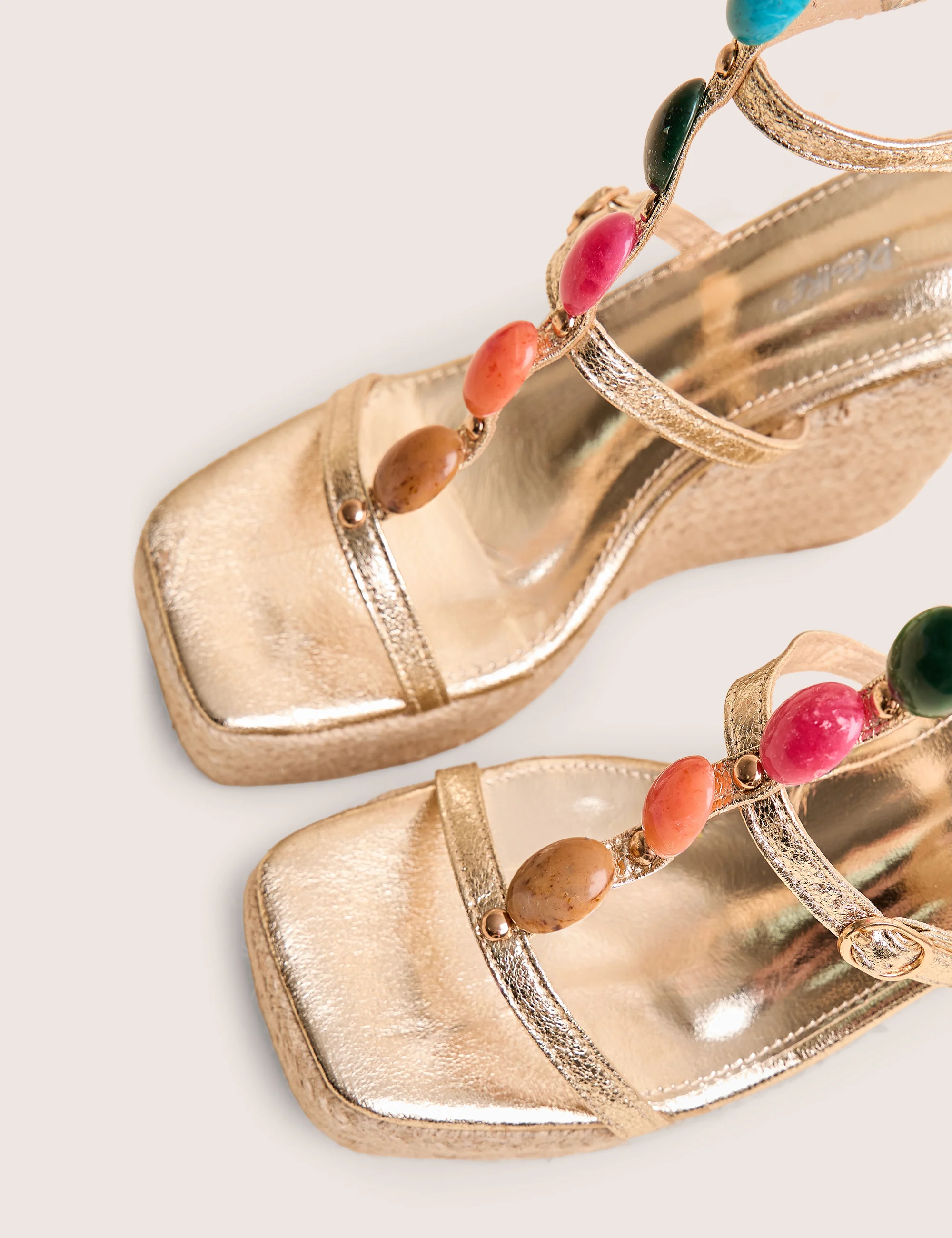 Iliana Cracked Gold Pu Beaded Trim Strappy Jute Wedges - Image 4